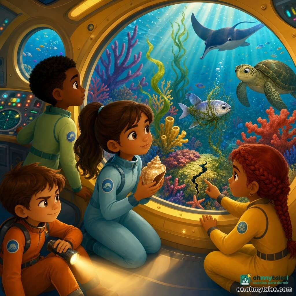 Hay cuatro niños: Luna (8 años), pelo castaño recogido en cola, rostro sereno, con un pequeño traje de buceo azul claro, sosteniendo una concha brillante cerca del ojo de buey central del submarino; Nico (8 años), pelo negro corto, mirada curiosa, traje verde pálido, a la izquierda junto a un panel de control preparando una herramienta; Mara (8 años), pelo rojo trenzado, expresión concentrada, traje mostaza, a la derecha señalando una pequeña fisura en los corales; y Tomás (7 años), pelo castaño, sonrisa traviesa pero seria, traje naranja, sentado atrás con una lámpara que ilumina la escena. Lugar: jardín de coral bajo el mar con corales rojos, violetas y amarillos en formas arbóreas y de vitrales, algas ondulantes y peces y estrellas de mar que crean destellos; luz solar filtrada en rayos dorados que tiñe el agua de azules y verdes. Situación: interior de un submarino amarillo con hublots redondos apoyado junto a una anémona; a través de la ventana se ve un pequeño pez mensajero plateado atrapado en un alga fina que se enrosca en su cola; una raya y una tortuga observan desde fuera. Los niños ayudan con delicadeza: Luna muestra la concha, Nico prepara la herramienta, Mara indica la grieta y Tomás ilumina; escena de ayuda mutua, tensión suave, luz cálida y colores vivos.