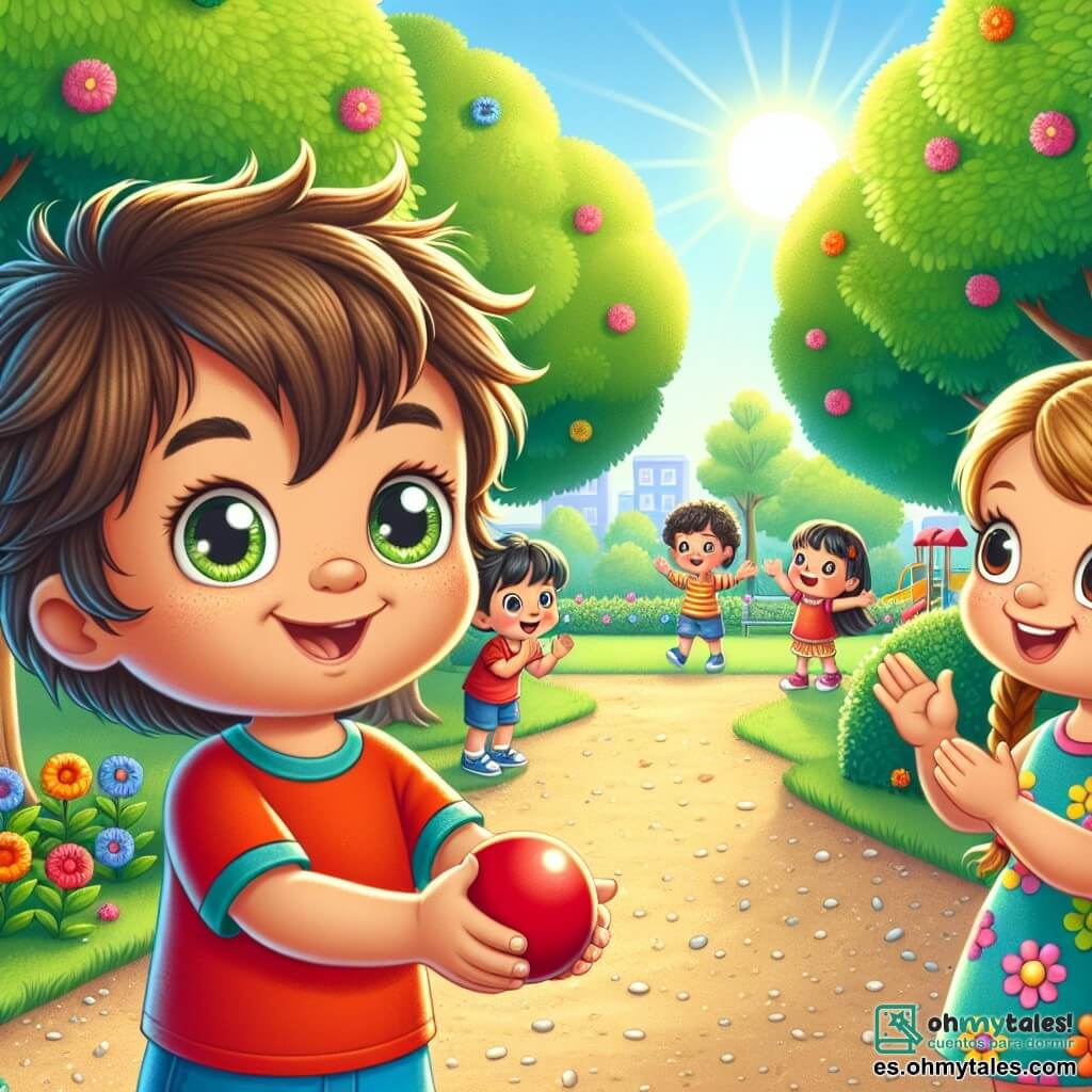 Un niño de 4 años llamado Pablo, con cabello castaño desordenado y ojos llenos de curiosidad, se encuentra en el centro de la imagen, sonriendo con orgullo. Lleva una camiseta roja brillante y un pantalón corto azul, sosteniendo una pequeña pelota roja en sus manos. A su derecha, Ana, una niña de 4 años con cabello rubio trenzado y un vestido de flores coloridas, lo anima con una gran sonrisa, los brazos levantados en señal de emoción. A su izquierda, Luis, un niño de 4 años con cabello negro y gafas redondas, aplaude con entusiasmo, sus ojos brillando de alegría. El escenario es un parque soleado, con árboles verdes y flores coloridas que bordean un camino de grava. Al fondo, se ve un tobogán y otros niños jugando, creando una atmósfera alegre y animada. La escena principal muestra a Pablo, listo para lanzar la pelota roja lo más lejos posible, rodeado de sus amigos que lo animan, ilustrando así el tema de la confianza en uno mismo y la amistad.