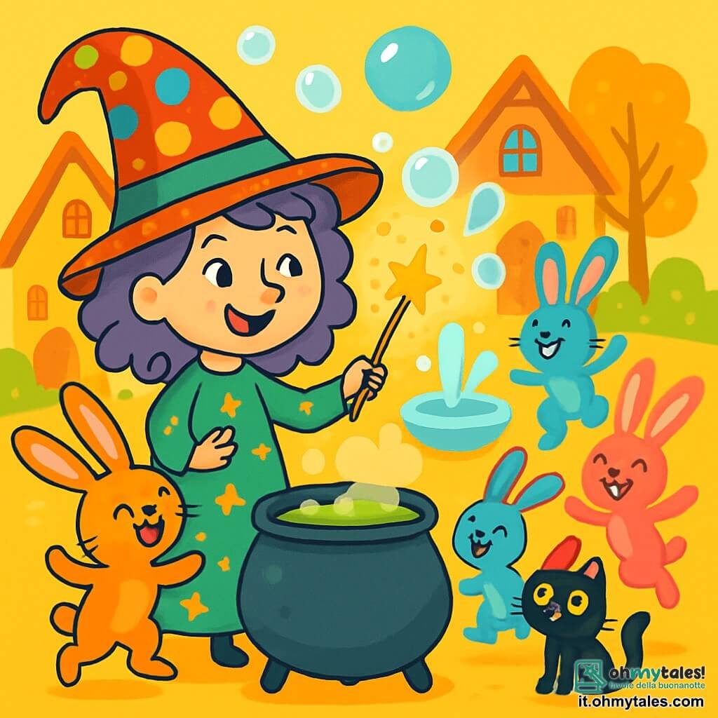 Una strega felice, con un grande cappello a pois multicolori, un sorriso malizioso e capelli ricci viola, si trova davanti a un grande calderone fumante. Indossa un vestito verde decorato con stelle scintillanti e tiene una bacchetta magica che brilla. Accanto a lei, un gatto nero dagli occhi brillanti, di nome Zampetta, osserva con curiosità. Sullo sfondo, conigli dalle grandi orecchie e pelaggi colorati danzano allegramente, facendo piroette intorno alla strega. Il decor è un villaggio incantevole, con case di pan di zenzero, alberi dalle foglie dorate e una fontana che spruzza bolle di sapone. La scena mostra la strega, sorpresa e divertita, che guarda i conigli che si agitano intorno a lei, mentre bolle di sapone fluttuano nell'aria, creando un'atmosfera magica e giocosa.