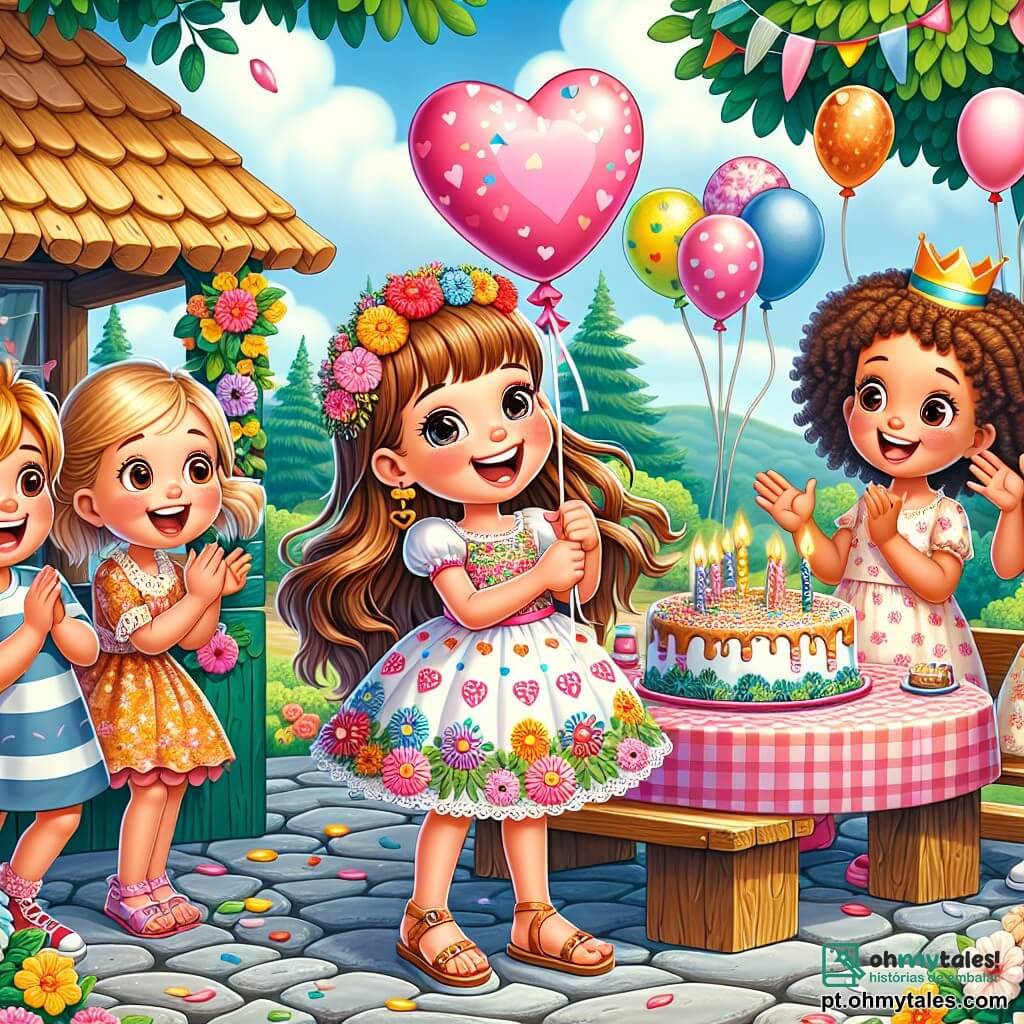 Uma menina de 10 anos, Clara, com longos cabelos castanhos e olhos brilhantes, sorri alegremente no centro da imagem, segurando um grande balão em forma de coração. Ela usa um vestido colorido com padrões de flores e sandálias. Ao lado dela, seu amigo Lucas, um garoto de 10 anos com cabelos loiros e óculos redondos, aplaude entusiasticamente, enquanto Sofia, uma menina de 9 anos com cabelos cacheados e pele caramelo, decora uma mesa com balões e guirlandas. A cena acontece em uma charmosa pracinha, cercada por árvores verdes e bancos de madeira, sob um céu azul com nuvens brancas. Ao fundo, vê-se um pequeno quiosque decorado com flores. A situação principal mostra Clara, cercada por seus amigos, celebrando seu aniversário com risos e sorrisos, enquanto uma grande mesa está cheia de bolos e guloseimas coloridas, criando uma atmosfera festiva e alegre.
