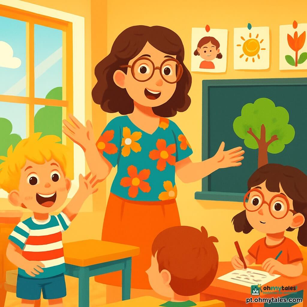 Uma professora, mulher de cerca de trinta anos, sorridente e calorosa, está diante de uma sala de aula iluminada. Ela tem cabelos castanhos ondulados, óculos redondos e usa uma blusa colorida com estampas de flores. Ela explica com entusiasmo, de braços abertos, cercada por desenhos de crianças pendurados na parede. Ao lado dela, um menino de 7 anos, com cabelos loiros bagunçados, levanta a mão com um grande sorriso, curioso e animado. Ele usa uma camiseta listrada e um short azul. Um pouco mais longe, uma menina de 6 anos, com tranças castanhas e óculos, observa atentamente, um lápis na mão, pronta para desenhar. A cena acontece em uma sala de aula alegremente decorada, com janelas que deixam entrar a luz do sol, mesas de madeira coloridas e um quadro negro cheio de desenhos de crianças. A professora explica uma lição sobre árvores, enquanto as crianças escutam atentamente, cativadas por suas palavras, prontas para fazer perguntas e descobrir o mundo ao seu redor.