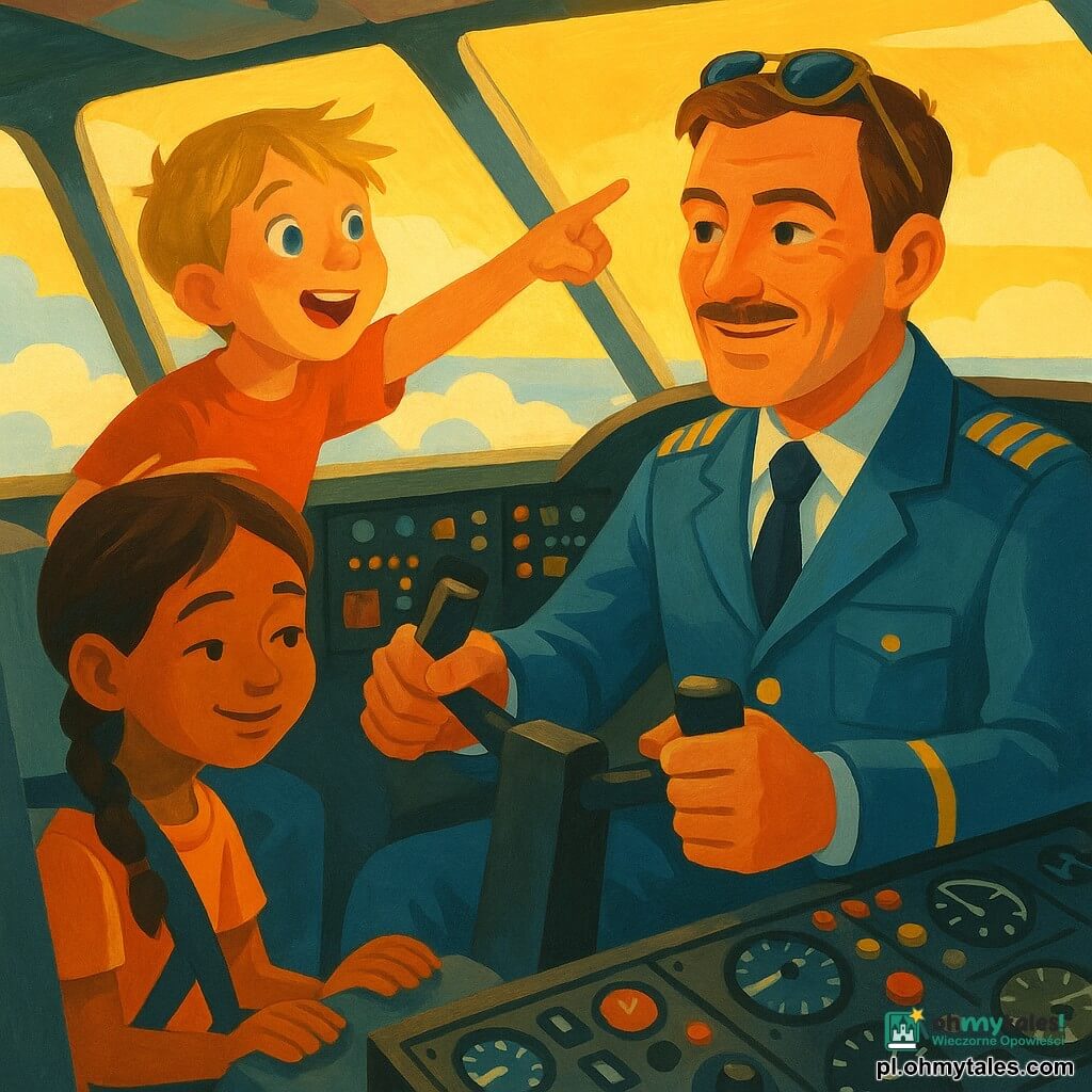 Mężczyzna-pilot około 40 lat, uśmiechnięty i pewny, krótkie kasztanowe włosy, cienkie wąsy, niebieska kurtka pilota z złotymi pagonami, okulary lotnicze na głowie, ręce na sterach, życzliwy wzrok do dzieci; chłopiec około 8 lat, rozczochrane blond włosy, zdumione oczy, stoi na siedzeniu po lewej, wskazuje na zewnątrz; dziewczynka około 9 lat, brązowe włosy w warkoczu, nieśmiały uśmiech, siedzi z zapiętym pasem za pilotem po prawej, patrzy na przyrządy; szczegółowe wnętrze kokpitu z czarną deską rozdzielczą, kolorowymi przyciskami, błyszczącymi zegarami i metalowymi dźwigniami, złote słońce przez szybę; na zewnątrz jasne niebo i białe obłoki poniżej; główna scena: pilot pokazuje i tłumaczy kokpit dzieciom podczas lotu, ciepła, edukacyjna i pełna zachwytu atmosfera.