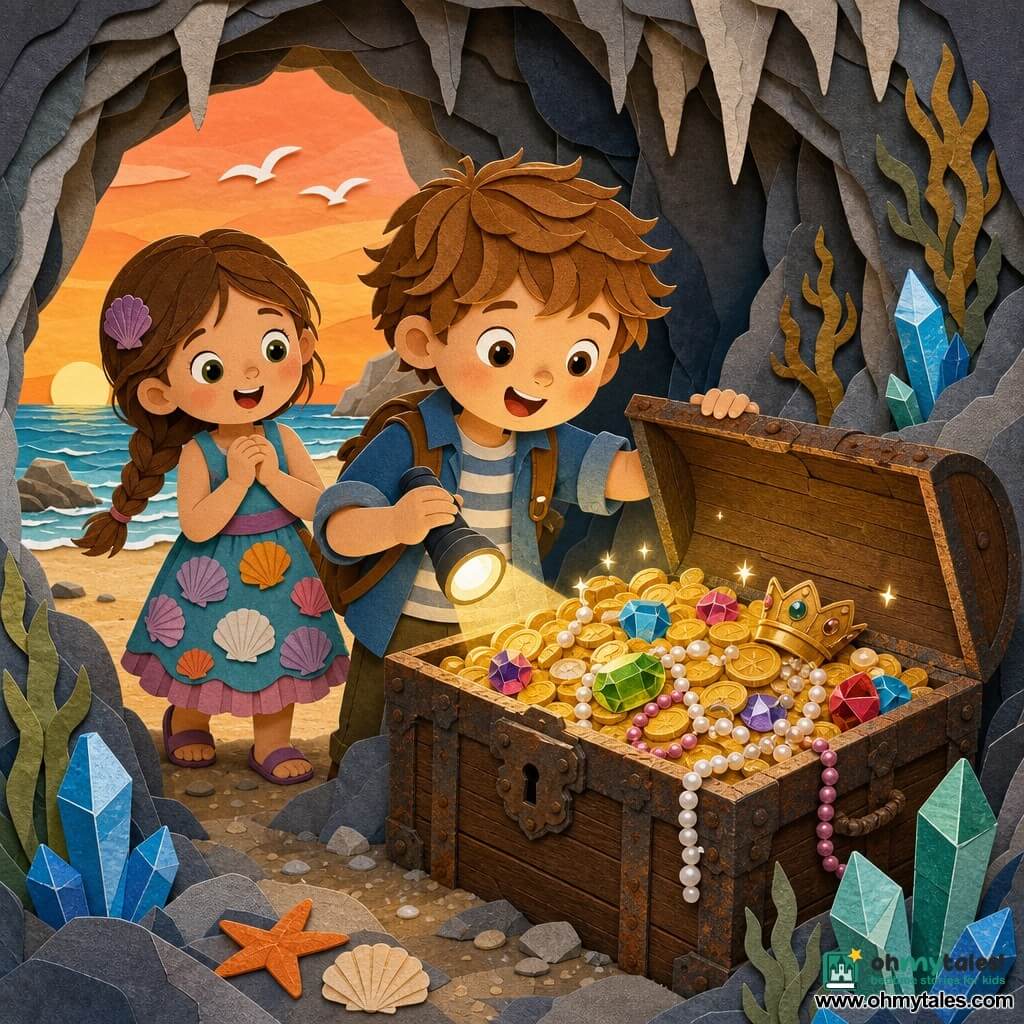 A 6-year-old boy with a round face and light brown hair in a lock, wide curious eyes and a delighted smile holds a small torch and leans over an old wooden chest he is opening, excited and brave; behind him to his left stands Lily, a 6-year-old girl with brown hair in a braid and a colorful shell-patterned dress, hands clasped and eyes shining, ready to help. The worn wooden chest with rusty metal fittings spills gold coins and colorful jewels in the center of a coastal cave with textured gray stone walls, small stalactites, blue and green crystals reflecting light, and dry seaweed on the walls. The cave entrance opens onto a golden sandy beach under a sunset sky with orange-pink gradients and a few stylized seagulls. Warm, magical atmosphere with bold contrasts, soft shadows, vivid colors, simple shapes and clean graphic details evoking a paper-cut style.