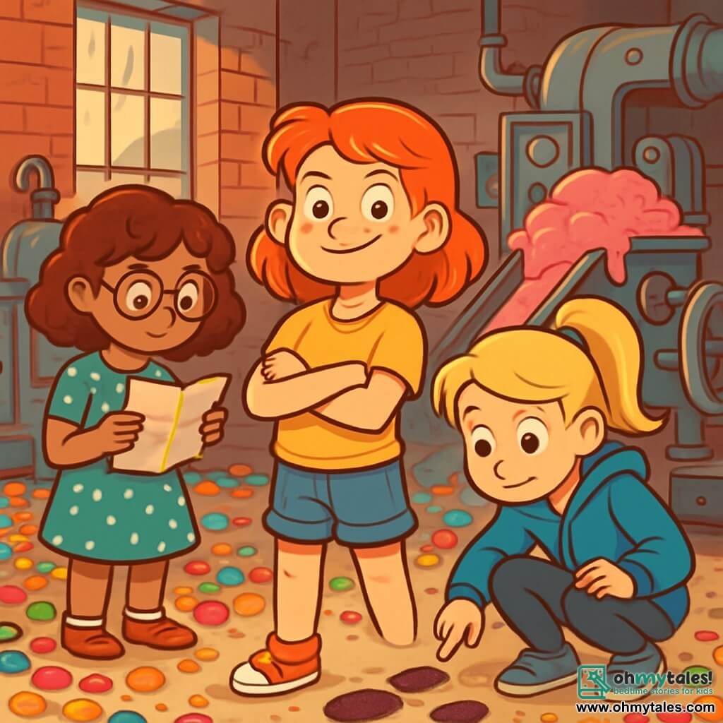 There are 3 characters: - Lucy: A 10-year-old girl with bright red hair, wearing a bright yellow t-shirt and denim shorts. She stands in the center, arms crossed, with a determined smile. - Mia: A 10-year-old girl with curly brown hair, wearing round glasses and a polka dot dress. She is slightly in the background, holding a map with a focused expression. - Zoe: A 10-year-old girl, the tallest of the three, with blonde hair in a ponytail. She wears a blue hoodie and leggings. She is crouching, examining footprints in the dust with a curious look. The main setting is an old candy factory, with faded brick walls and dusty windows. Rusty machines are scattered around, and colorful candy mats cover the floor. In the background, a large vat overflows with pink gum, creating a scene that is both magical and chaotic. The main situation of the story shows the three girls discovering the factory's secret room, surrounded by shiny machines and blinking lights, as a huge wave of gum threatens to engulf them. The expressions of surprise and excitement on their faces capture the essence of their adventure.