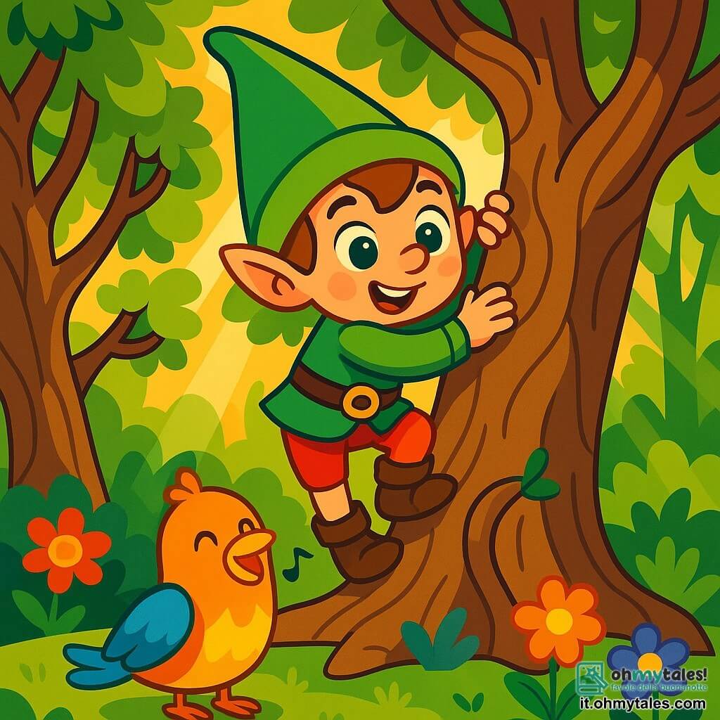 Un piccolo folletto di nome Tommasino, con un grande cappello a punta verde e occhi brillanti di curiosità, scala con determinazione un maestoso albero, il suo viso luminoso di eccitazione e coraggio. Ai suoi piedi, un uccello dalle piume sgargianti, con un sorriso riconoscente, lo incoraggia cantando una dolce melodia. Il luogo è un boschetto incantato, pieno di alberi dai tronchi contorti, fiori multicolori e raggi di sole che filtrano tra il fogliame, creando un'atmosfera magica. Tommasino sta cercando di liberare l'uccello intrappolato tra i rami, una scena carica di tensione e speranza, dove il coraggio del folletto illumina l'ambiente fatato.