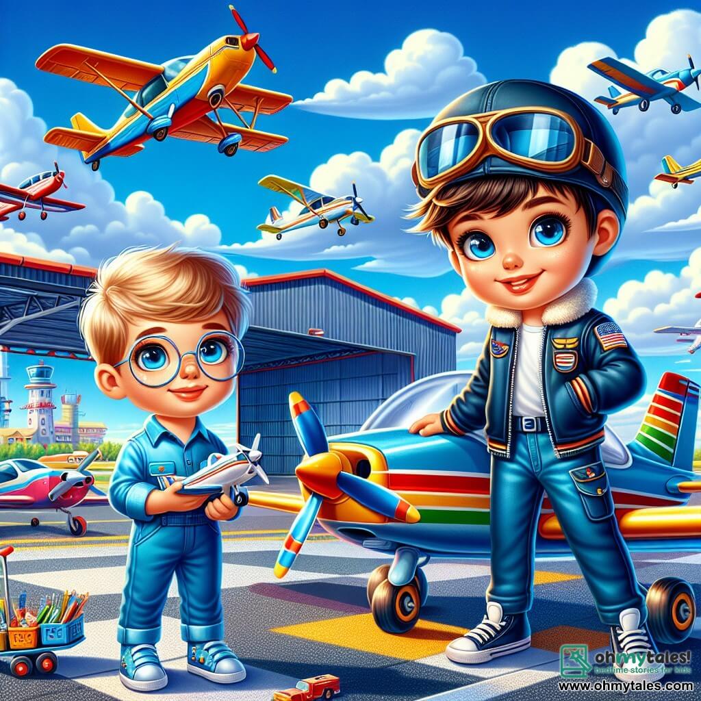 A young boy, Tommy, with brown hair and bright eyes, is wearing a blue pilot suit and a pilot helmet. He is smiling enthusiastically with his arms raised, standing next to a small airplane with shiny wings, ready to take off. Beside him is another boy, Max, about 7 years old, with blonde hair and round glasses, gazing at the sky in wonder while holding a small model airplane. They are on an airport tarmac, surrounded by several colorful planes and metal hangars, under a blue sky dotted with white clouds. The scene shows Tommy and Max eager to take flight, ready for an adventure in the air.