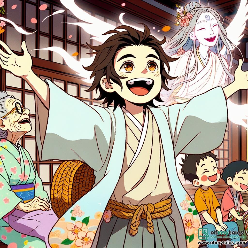 A young man named Haruki, with tousled hair and a warm smile, stands at the center of the image with open arms, radiating joy and enthusiasm. He wears a light kimono with cherry blossom patterns, and his eyes sparkle with adventure. Next to him is an elderly woman, around 70 years old, with gray hair tied in a bun and wrinkles that tell stories of wisdom, looking at Haruki with admiration. She sits on a wooden bench, knitting a colorful scarf, her face lit up by a grateful smile. In the background, a spirit named Yurei floats slightly above the ground, ethereal in appearance, with long hair drifting like clouds and mischievous sparkling eyes. He stands beside a group of children laughing and dancing around him, creating an atmosphere of joy and camaraderie. The setting is a picturesque Japanese village, with wooden houses adorned with colorful lanterns, cherry blossom trees adding a pink touch to the landscape, and a twilight sky tinged with golden and purple hues. The main scene shows Haruki, Yurei, and the villagers gathered to celebrate a harvest festival, in a festive ambiance where friendship and joy shine, symbolizing the union between a spirit and a village.
