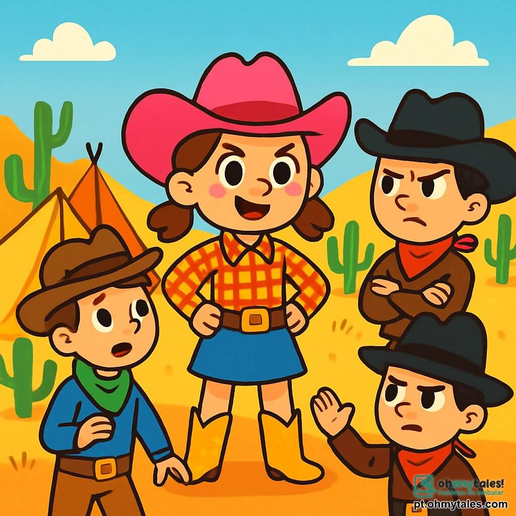 Uma cowgirl corajosa, Bia, com cerca de 10 anos, está no centro da imagem, usando um grande chapéu de cowboy rosa, botas brilhantes e uma camisa xadrez. Seu rosto expressa determinação e excitação, com olhos brilhando de curiosidade. À sua direita, um cowboy de cerca de 12 anos, com chapéu preto e lenço vermelho, está de braços cruzados, parecendo um pouco irritado. À sua esquerda, outro cowboy, de aproximadamente 11 anos, com uma camisa azul e bandana verde, tenta acalmá-los, mostrando uma expressão preocupada. O cenário é um vasto acampamento de cowboys, com tendas coloridas, cactos verdes e um céu azul brilhante. Ao fundo, montanhas douradas se delineiam no horizonte. A situação principal mostra Bia, pronta para intervir, enquanto dois cowboys discutem barulhentamente, criando uma atmosfera de tensão e aventura.
