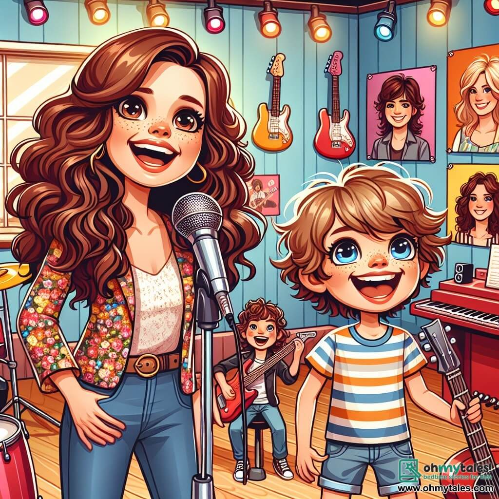 In a colorful music studio, a woman named Lily, in her thirties with long curly brown hair, smiles enthusiastically. She wears a floral-patterned blouse and holds a shiny guitar, singing joyfully with a happy expression on her face. Next to her, a seven-year-old boy named Max, with messy blonde hair and sparkling eyes, stands with a big smile. He wears a striped t-shirt and denim shorts, holding a plastic microphone, ready to sing. The studio is filled with colorful instruments: a red drum set, a black piano, and guitars hanging on the walls. Posters of famous musicians decorate the walls, and musical notes float in the air, creating a joyful and inspiring atmosphere. The main scene shows Lily and Max singing together, surrounded by their friends who applaud them with amazed faces, filled with joy and excitement.