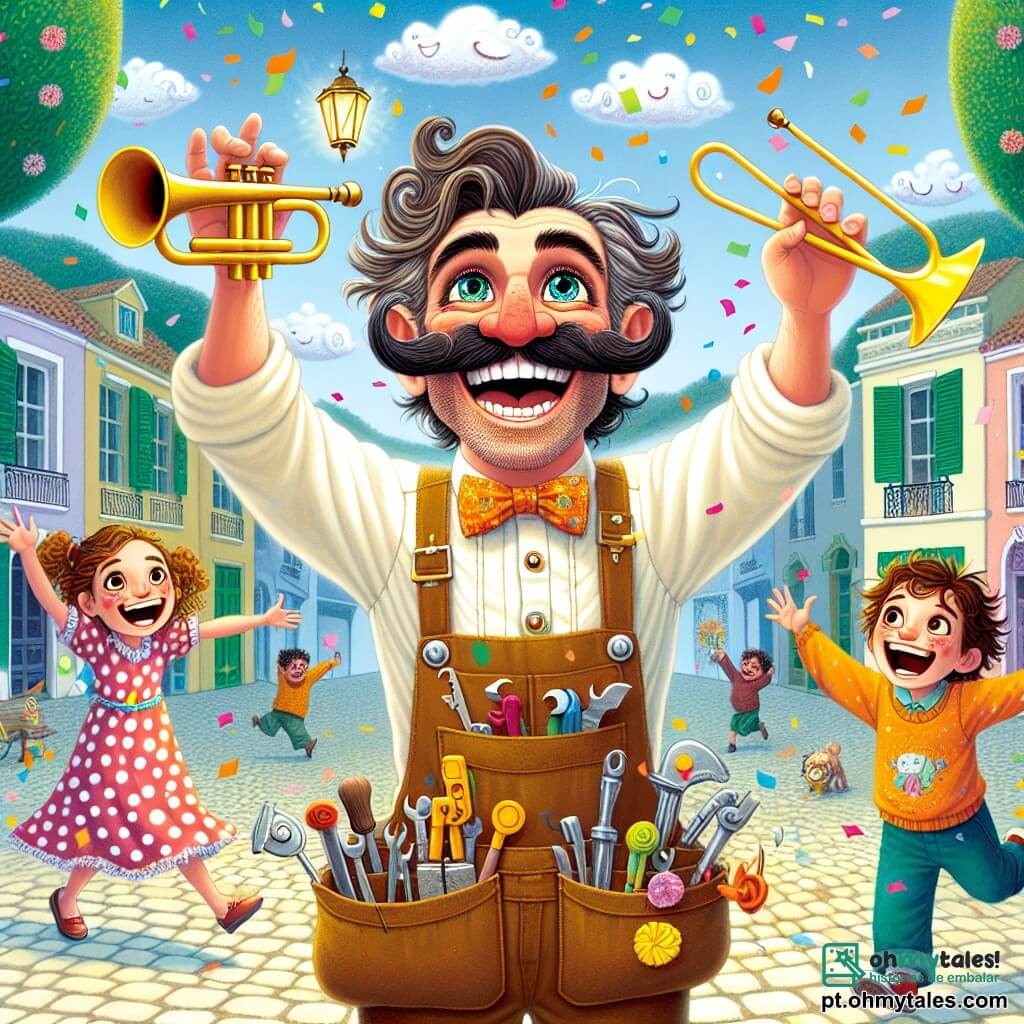 Um homem, Zé das Bricadeiras, está no centro da imagem, com um grande sorriso e olhos brilhantes de excitação. Ele tem um bigode flamboyant que parece dançar, cabelos bagunçados e usa um macacão colorido cheio de bolsos transbordando de ferramentas. Zé está tocando um trombone improvisado, atraindo a atenção das nuvens que dançam acima dele. À sua direita, uma menina de cerca de 8 anos, chamada Lila, com cabelos cacheados e um vestido de bolinhas, observa as nuvens com admiração, braços levantados como se quisesse pegá-las. À esquerda, um menino de 10 anos, chamado Tom, com óculos redondos e um boné virado, ri enquanto corre ao redor de Zé, segurando confetes nas mãos. A cena acontece na charmosa praça da pequena cidade de Bricolandi, cercada por casas coloridas com janelas abertas e flores vibrantes. Ao fundo, árvores verdes balançam suavemente ao vento, adicionando um toque de magia à atmosfera. A situação principal mostra Zé, com sua máquina maluca, fazendo nuvens em forma de animais dançarem, enquanto as crianças riem e se divertem ao seu redor, criando uma atmosfera alegre e festiva.