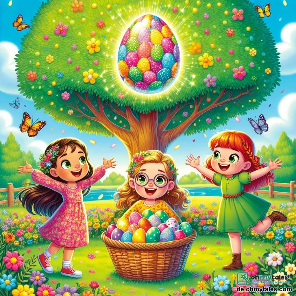 In einer schönen sonnigen Lichtung sind drei Mädchen versammelt: Mia, 8 Jahre alt mit langen braunen Haaren und funkelnden Augen, trägt ein rosa Blumenkleid und hält einen Korb mit bunten Eiern. Leni, 7 Jahre alt mit geflochtenen blonden Haaren und runden Brillen, trägt eine gelbe Bluse und beobachtet einen großen bunten Baum neben ihr. Sara, 9 Jahre alt mit roten Haaren und Sommersprossen, trägt ein grünes Kleid und springt vor Freude neben Mia. Die Lichtung ist von bunten Blumen umgeben, mit Schmetterlingen, die herumfliegen, und einem hellblauen Himmel mit weißen Wolken. In der Mitte steht ein großer Baum mit leuchtend grünen Blättern, der ein riesiges, funkelndes Ei beherbergt, das magisches Licht ausstrahlt. Die Mädchen sind von dem schönen bunten Ei begeistert und bereiten sich darauf vor, gemeinsam einen Wunsch zu äußern, was Freundschaft und die Magie von Ostern symbolisiert.