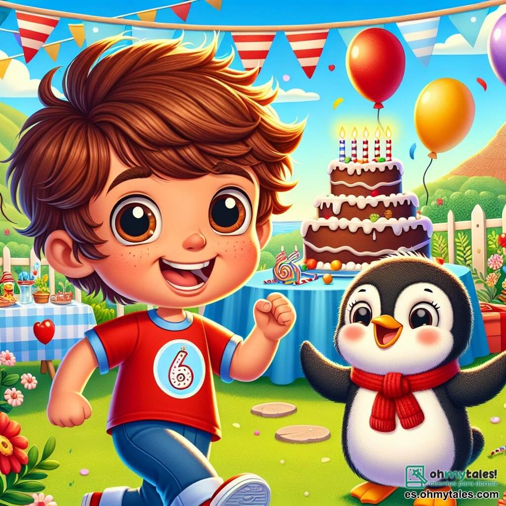 Un niño de 6 años, Lucas, con grandes ojos curiosos y cabello castaño desordenado, sonríe con una expresión de alegría. Lleva una camiseta roja con un diseño de pastel de cumpleaños y un pantalón azul. A su lado, un pingüino llamado Polo, con una adorable bufanda roja, se sostiene en sus pequeñas patas, riendo amigablemente. En el fondo, la fiesta de cumpleaños tiene lugar en un jardín soleado, lleno de globos de colores, guirnaldas de papel y una gran mesa decorada con un hermoso pastel de chocolate y velas encendidas. La escena muestra a Lucas y Polo jugando a una carrera de pingüinos con amigos, todos riendo y corriendo de manera divertida, creando una atmósfera festiva y animada.