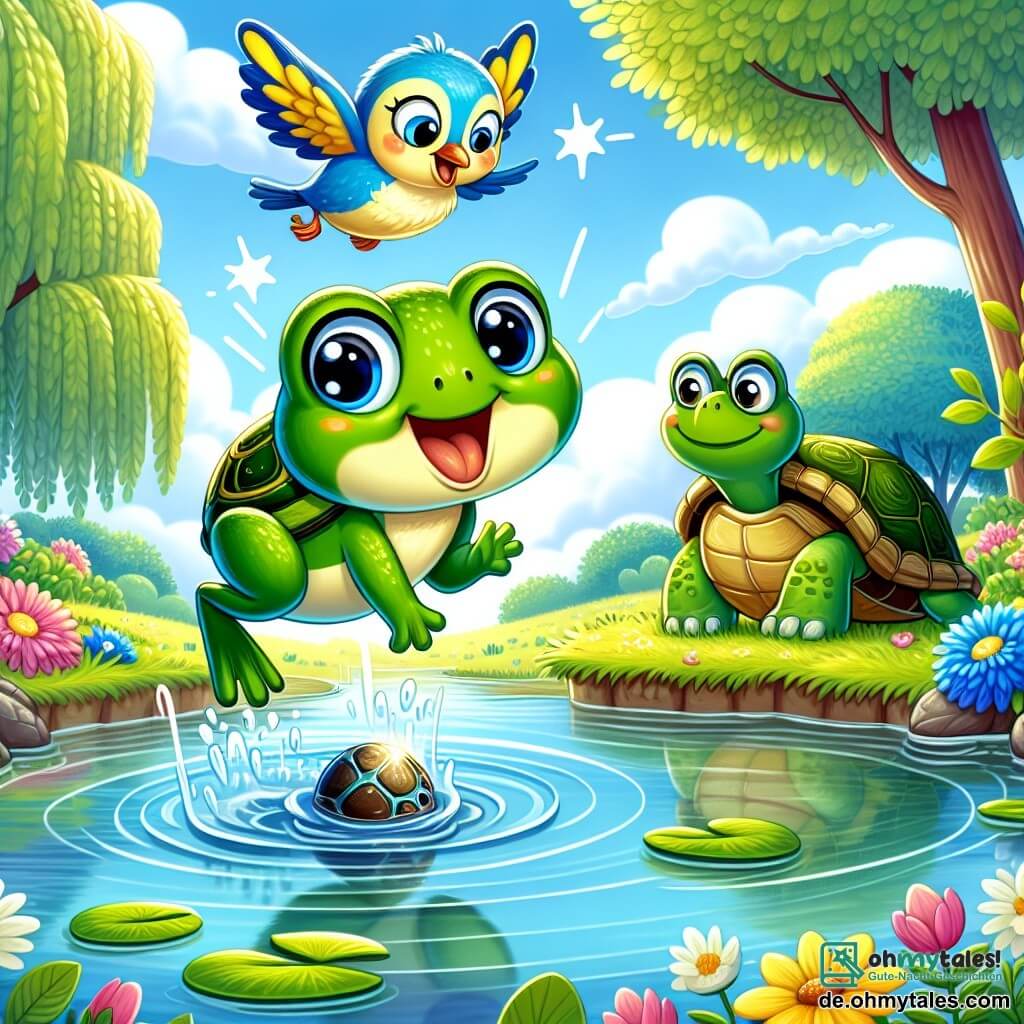 Eine kleine Frosch namens Froschi mit glänzend grüner Haut und großen runden Augen springt fröhlich aus dem Wasser, sein Gesicht strahlt vor Aufregung und Entschlossenheit. Neben ihm fliegt ein kleiner Vogel namens Piep mit gelben und blauen Federn in der Luft, seine Flügel ausgebreitet, und zeigt mit dem Schnabel auf einen wunderschönen, funkelnden Stein am Grund des Sees. Eine alte Schildkröte namens Turtel mit einem rauen Panzer und weisen Augen steht am Ufer des Sees und beobachtet die Szene aufmerksam mit einem ermutigenden Lächeln. Der Ort ist ein friedlicher Teich, umgeben von bunten Blumen und großen, grünen Bäumen, wo das Sonnenlicht auf der Wasseroberfläche tanzt. Die Hauptsituation zeigt Froschi, der mutig ins Wasser taucht, um den wertvollen Stein zu erreichen, während seine Freunde ihn vom Ufer aus anfeuern.