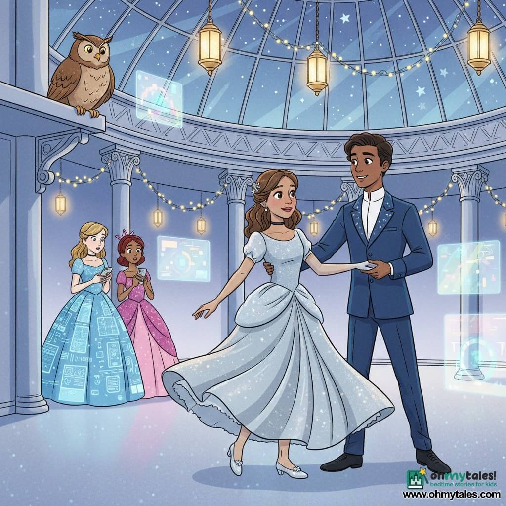Cinderella (girl) smiles shyly, soft face and bright eyes, wearing a simple silver dress that shimmers like the moon and translucent glass slippers, dancing center stage; the Prince (boy, ~20) smiles warmly in an elegant midnight-blue suit with subtle luminous patterns, holding her hand and gazing admiringly; Oswald, the wise old owl, perches on a high ledge, brown plumage and golden eyes, watching kindly; Anastasia and Drizella (two teenage girls) stand in the background in flashy dresses with glowing screens, distracted and surprised, off the dance floor; the palace is a large glittering hall with glass ceilings, silver columns, floating light garlands and fading holographic screens; the scene: an enchanted nighttime ball where human warmth replaces screen glow, characters dance under artificial stars and lanterns, soft blue-silver-pink palette, clear expressive lines, European comic style.