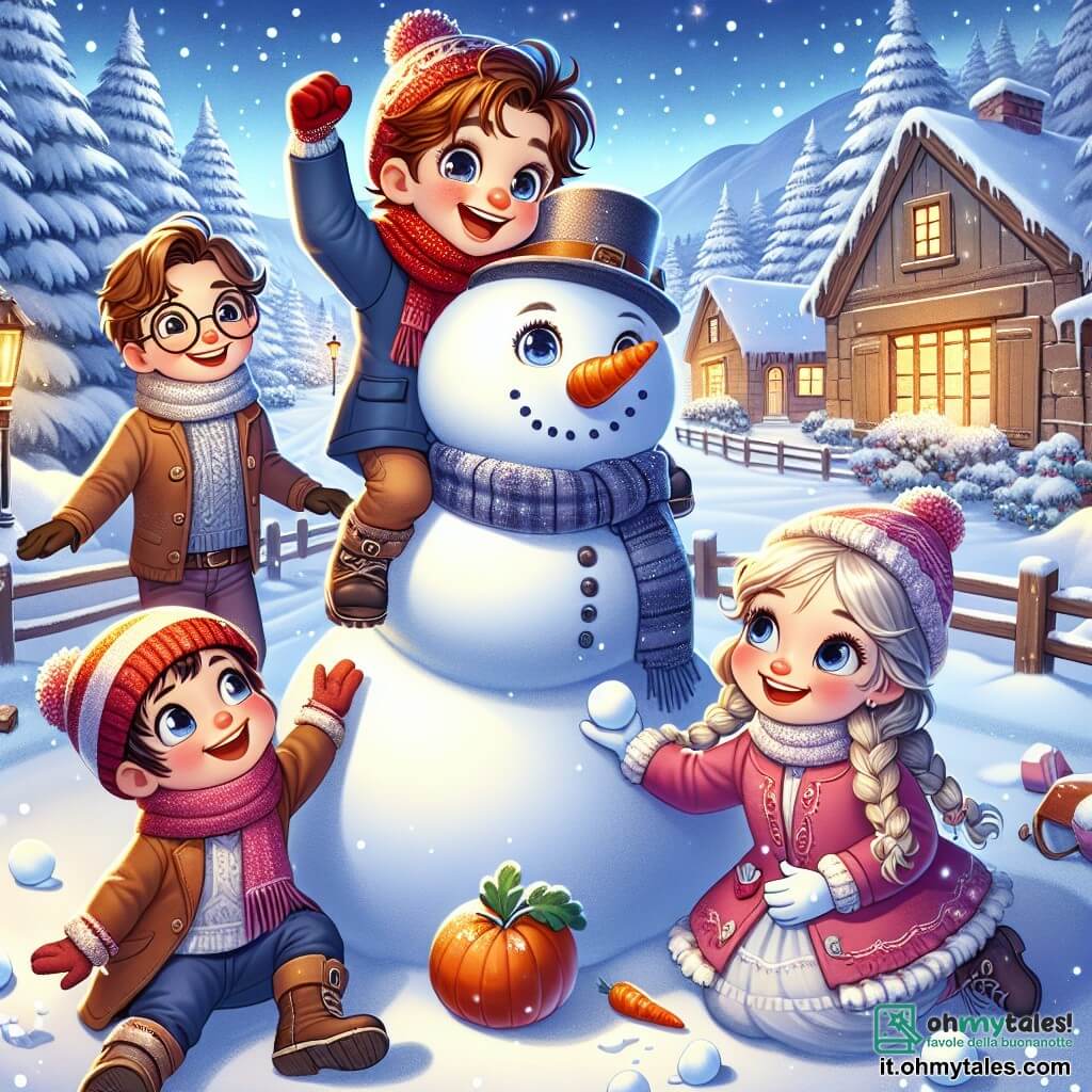 In un paesaggio invernale incantevole, quattro amici si tengono gioiosamente intorno a un grande pupazzo di neve. Leo, un bambino di cinque anni con capelli castani e occhi scintillanti, indossa una sciarpa rossa e un berretto blu, è in cima al pupazzo, sorridente e con le braccia alzate. Sofia, con lunghi capelli biondi intrecciati, indossa un cappotto rosa e guanti bianchi, è accanto a Leo con una carota per il naso del pupazzo. Marco, con capelli castani e occhiali rotondi, è accovacciato vicino alla base del pupazzo, mentre Giulia, con capelli ricci e occhiali da sole, indossa una tuta blu e stivali viola, racconta una storia. Lo sfondo è un affascinante villaggio innevato con case in legno e alberi di Natale decorati. I bambini ridono e giocano mentre decorano il loro pupazzo di neve, creando un'atmosfera festosa e gioiosa.