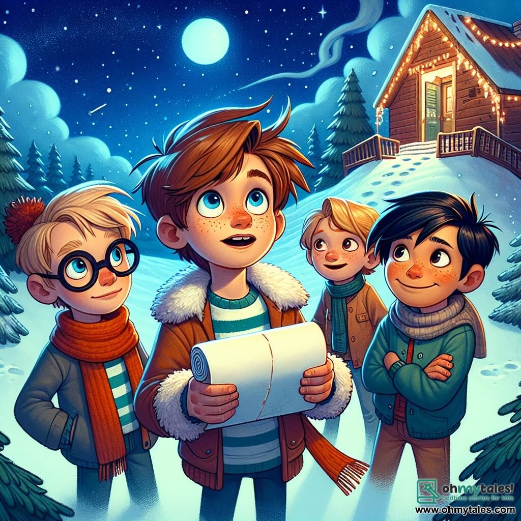 Max, a ten-year-old boy with messy brown hair and sparkling curious eyes, stands in the center of the image holding a rolled-up letter. To his right, Tim, another ten-year-old with blond hair and glasses, gazes at the letter with wonder. On the left, Leo, a boy with black hair and a tan complexion, smiles while pointing at the starry sky. Finally, Jake, a red-haired boy with freckles, stands behind them with crossed arms and a mischievous grin. The enchanting winter landscape features gently falling snowflakes, pine trees adorned with twinkling garlands, and a small wooden house with smoke rising from the chimney. The deep blue sky is dotted with bright stars, and a large moon illuminates the scene. The main focus shows the four friends gathered for a magical adventure, ready to deliver a letter to Santa Claus, symbolizing the spirit of Christmas and friendship.