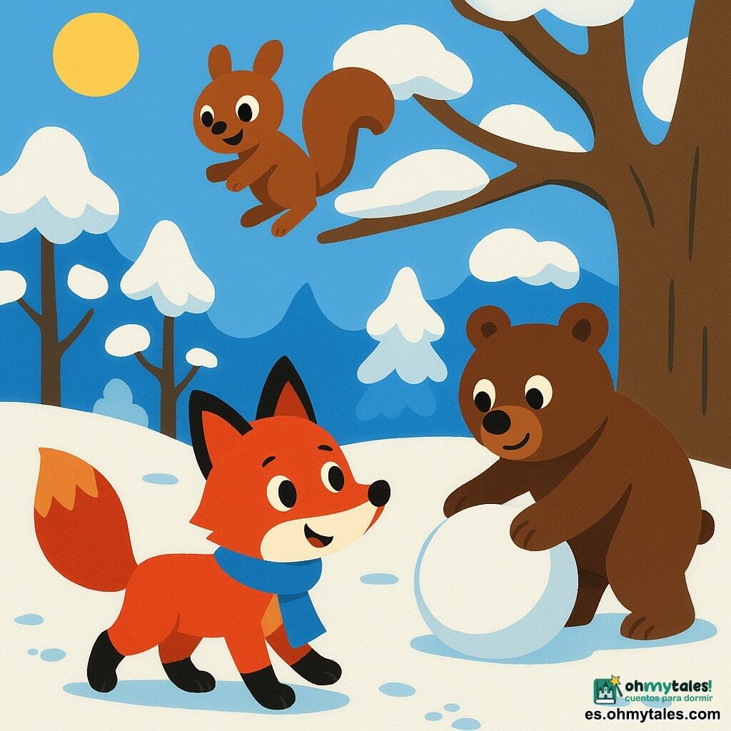 Un pequeño zorro de pelaje rojo brillante, llamado Numa, con una expresión alegre y curiosa, lleva una bufanda azul alrededor de su cuello. Está caminando en la nieve, dejando huellas tras de sí. A su lado, una ardilla pequeña llamada Tula, de pelaje marrón y ojos brillantes, salta de una rama nevada, sonriendo con entusiasmo. No muy lejos, un joven oso pardo llamado Domi, con un aire amistoso, rueda una gran bola de nieve para hacer un muñeco de nieve. La escena se desarrolla en un claro del bosque, donde los árboles están cubiertos de una gruesa capa de nieve blanca brillante bajo un cielo azul claro. El suelo está salpicado de pequeñas huellas de animales, y el sol de invierno brilla suavemente, creando una atmósfera pacífica y luminosa.