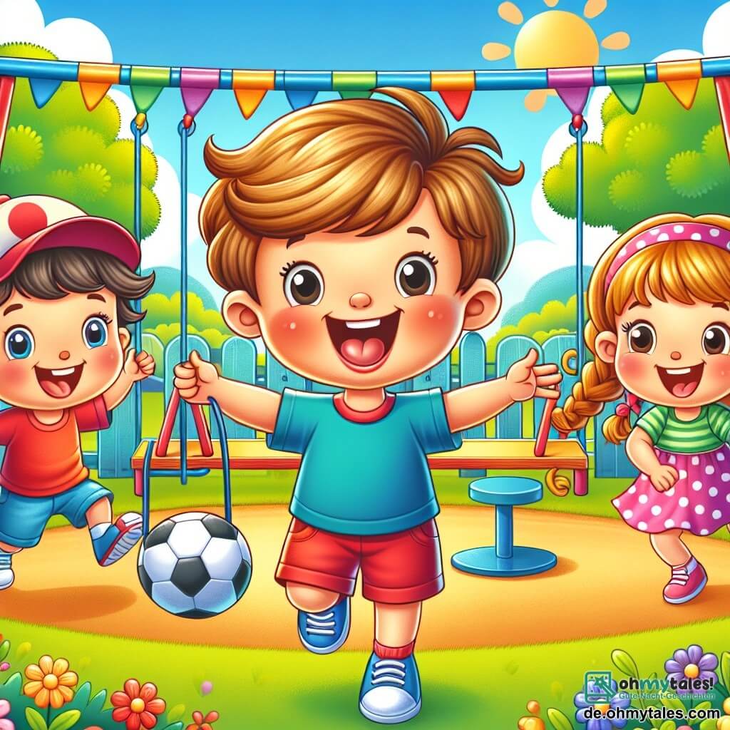 Ein kleiner Junge von 3 Jahren, Tim, mit zerzausten blonden Haaren und einem großen fröhlichen Lächeln, steht im Zentrum eines bunten Spielplatzes. Er trägt ein blaues T-Shirt und rote Shorts und hebt begeistert die Arme in die Luft, als würde er alle Kinder einladen, sich ihm anzuschließen. Rechts von ihm ist ein 4-jähriges Mädchen, Mia, mit langen geflochtenen braunen Haaren und einem gepunkteten rosa Kleid, das eine Schaukel anschubst und vor Freude lacht. Links dribbelt ein 5-jähriger Junge, Max, mit einer roten Kappe und einem grünen T-Shirt, konzentriert aber lächelnd einen Fußball und ist bereit, den Ball seinen Freunden zuzuspielen. Der Ort ist ein wunderschöner sonniger Park, gefüllt mit bunten Blumen, grünen Bäumen und einem Spielplatz mit Schaukeln und einer Rutsche. Kinderlachen schallt in der Luft und schafft eine fröhliche und freundliche Atmosphäre. Die Hauptsituation zeigt Tim, Mia und Max sowie andere Kinder, die sich versammeln, um gemeinsam zu spielen, und verdeutlicht die Idee, dass alle Kinder, unabhängig von Geschlecht, zusammen Spaß haben und harmonisch zusammenarbeiten können.