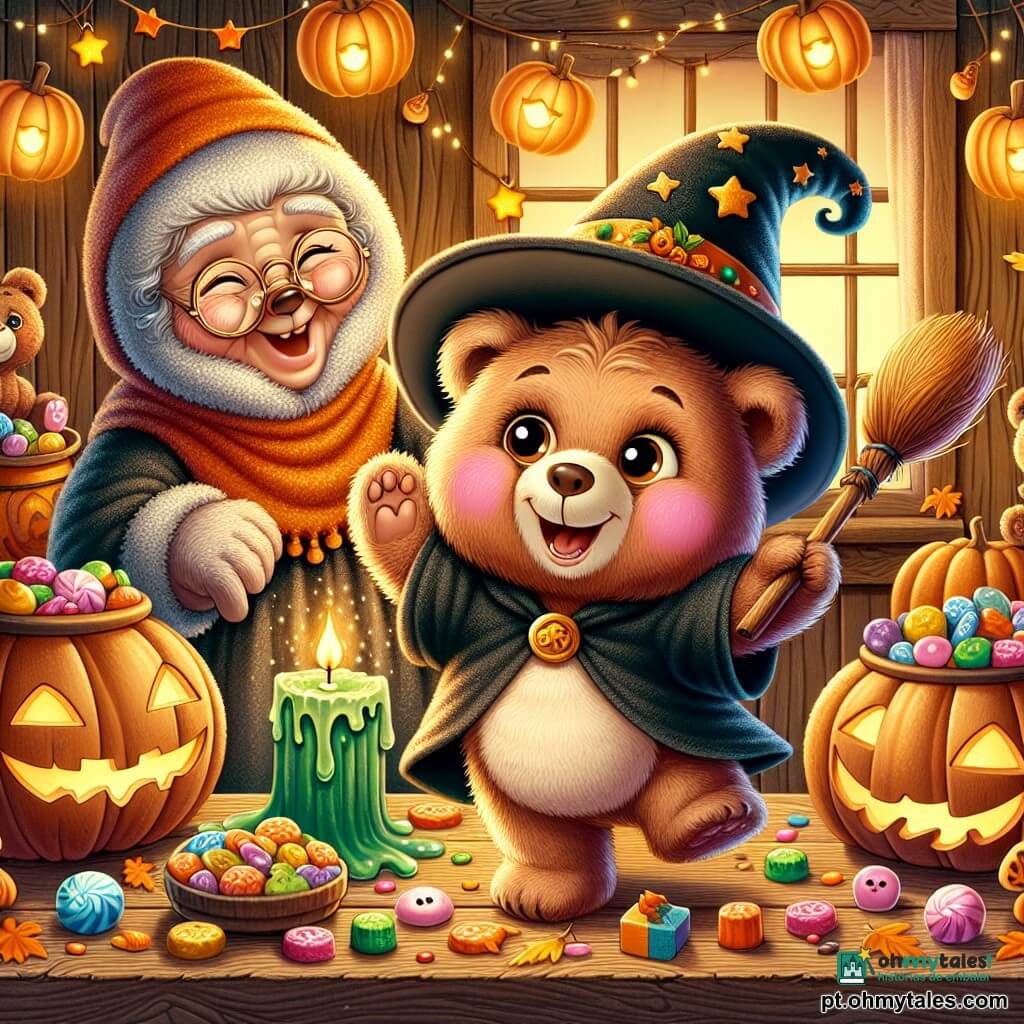 Um ursinho de pelúcia, Bartolomeu, com pelagem marrom e macia, olhos brilhantes de excitação, dança alegremente no meio de uma mesa cheia de doces coloridos e guloseimas de Halloween. Ele usa um pequeno chapéu de bruxo preto adornado com estrelas douradas e sorri amplamente, suas bochechas rosadas iluminadas pela luz de uma vela verde tremeluzente. Ao seu lado, uma velha ursa cinza, Dona Ludovina, com óculos redondos e um lenço laranja, ri enquanto agita uma vassoura de madeira, adicionando um toque de magia à cena. Seu rosto é marcado pela sabedoria e alegria, e ela se mantém um pouco afastada, incentivando Bartolomeu com um olhar cúmplice. O cenário é uma antiga sala de madeira, decorada com lanternas em forma de abóbora que brilham suavemente, enquanto folhas de outono douradas caem ao redor deles. A cena principal mostra Bartolomeu e Dona Ludovina dançando e cantando juntos, cercados de doces, celebrando alegremente o Halloween, com sombras dançantes projetadas nas paredes, evocando uma atmosfera mágica e amigável.