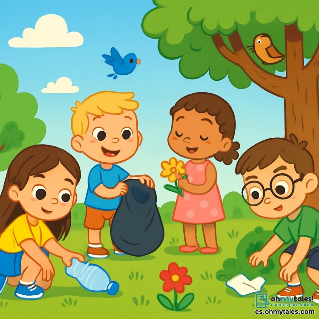 Hay 4 niños: - Ana: una niña de 8 años, con cabello largo castaño y ojos brillantes. Lleva una camiseta amarilla y un short de mezclilla. Ana está agachada recogiendo una botella de plástico en la hierba. - Diego: un niño de 7 años, con cabello corto y rubio. Lleva una camiseta azul y zapatillas rojas. Diego está de pie, sosteniendo una bolsa de basura, listo para poner desechos. - Carla: una niña de 6 años, con cabello rizado y una pequeña trenza. Lleva un vestido rosa con estampados de flores. Carla está protegiendo una flor, mirándola con asombro. - Leo: un niño de 9 años, con gafas y cabello castaño. Lleva una camiseta verde y un short negro. Leo está buscando desechos debajo de un árbol, con una expresión curiosa. La escena se desarrolla en un parque soleado, lleno de árboles majestuosos con hojas verdes brillantes, flores coloridas que bailan al viento y un césped bien cuidado. Se pueden ver pájaros cantando en las ramas y un cielo azul claro salpicado de algunas nubes blancas esponjosas. La situación principal muestra a los niños limpiando el parque. Se ríen y se ayudan mutuamente, cada uno con una tarea específica. Ana recoge una botella, Diego sostiene una bolsa de basura, Carla admira una flor y Leo busca desechos. La atmósfera es alegre y llena de energía, ilustrando la importancia de cuidar la naturaleza juntos.
