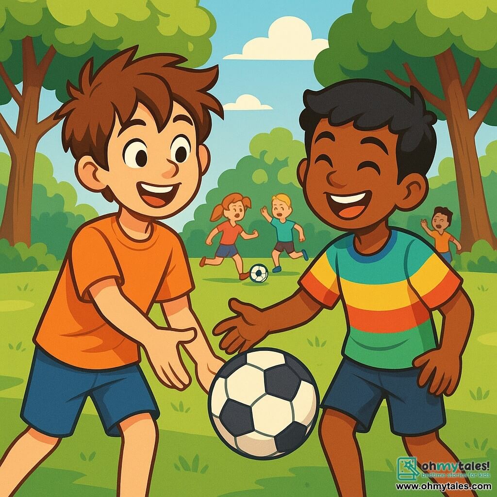 A 12-year-old boy, Oliver, with messy brown hair and sparkling curious eyes, smiles joyfully as he reaches out to pass the ball to his friend. Next to him, Samir, also 12, with caramel skin and black hair, laughs excitedly, wearing a colorful t-shirt and shorts. They are on a green soccer field surrounded by majestic trees swaying gently in the breeze, while other children play around them, creating an atmosphere of camaraderie and joy. The scene radiates vibrant energy, illustrating the importance of friendship and tolerance, with bursts of laughter and beaming smiles.