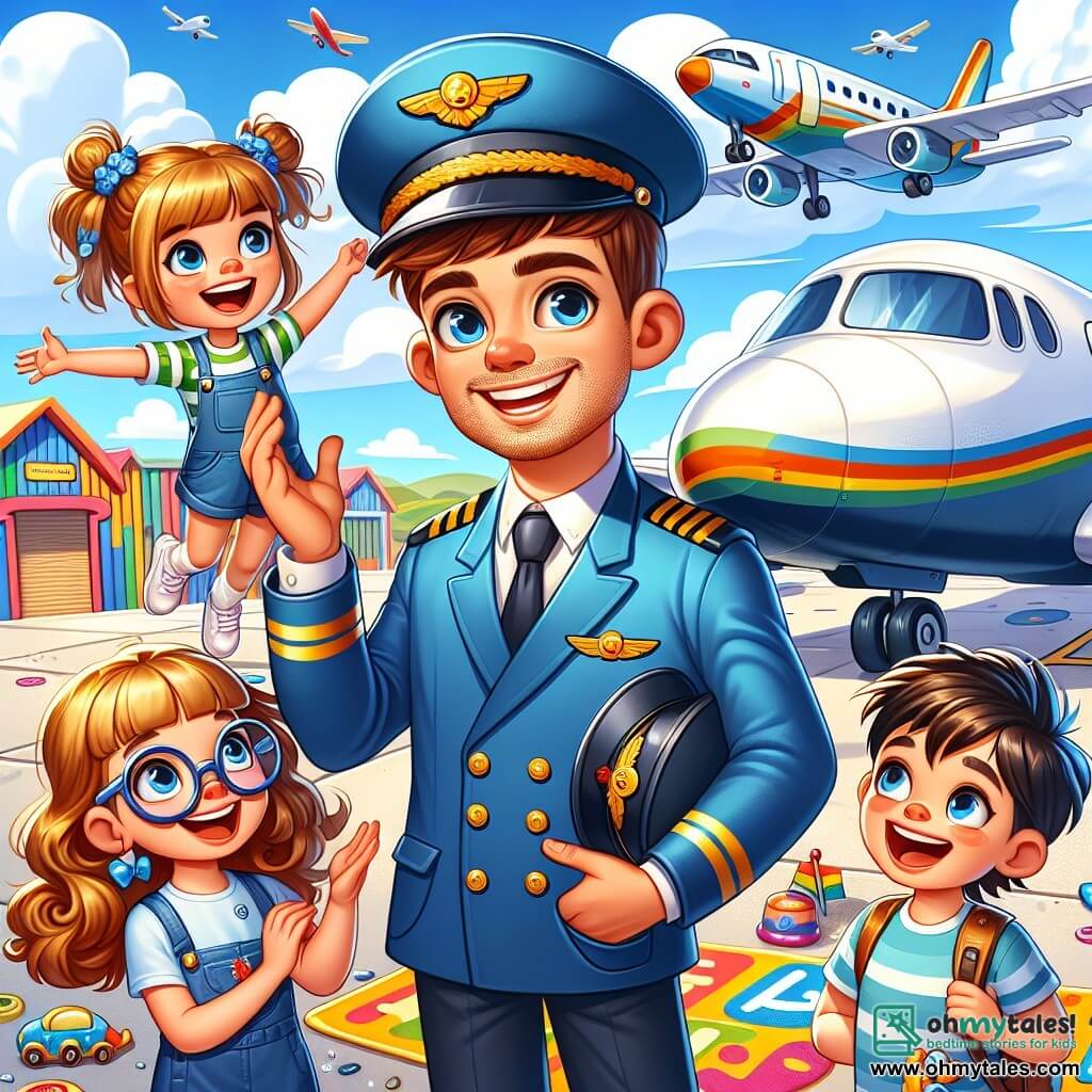 A smiling and enthusiastic man, Captain Sam, is wearing a blue pilot uniform with a shiny cap. He has brown hair and sparkling eyes. He stands next to his large airplane, ready for takeoff. Beside him are four children: a 7-year-old girl with curly blonde hair jumping for joy, a 6-year-old boy with glasses and brown hair pointing at the sky in wonder, a 5-year-old girl with straight black hair holding a small model airplane, and an 8-year-old boy with red hair smiling widely. The scene takes place at a sunny airport with colorful hangars in the background and fluffy white clouds in a bright blue sky. Captain Sam is explaining to the children how to pilot the airplane, as they watch with wide eyes, eager for this adventure in the air.