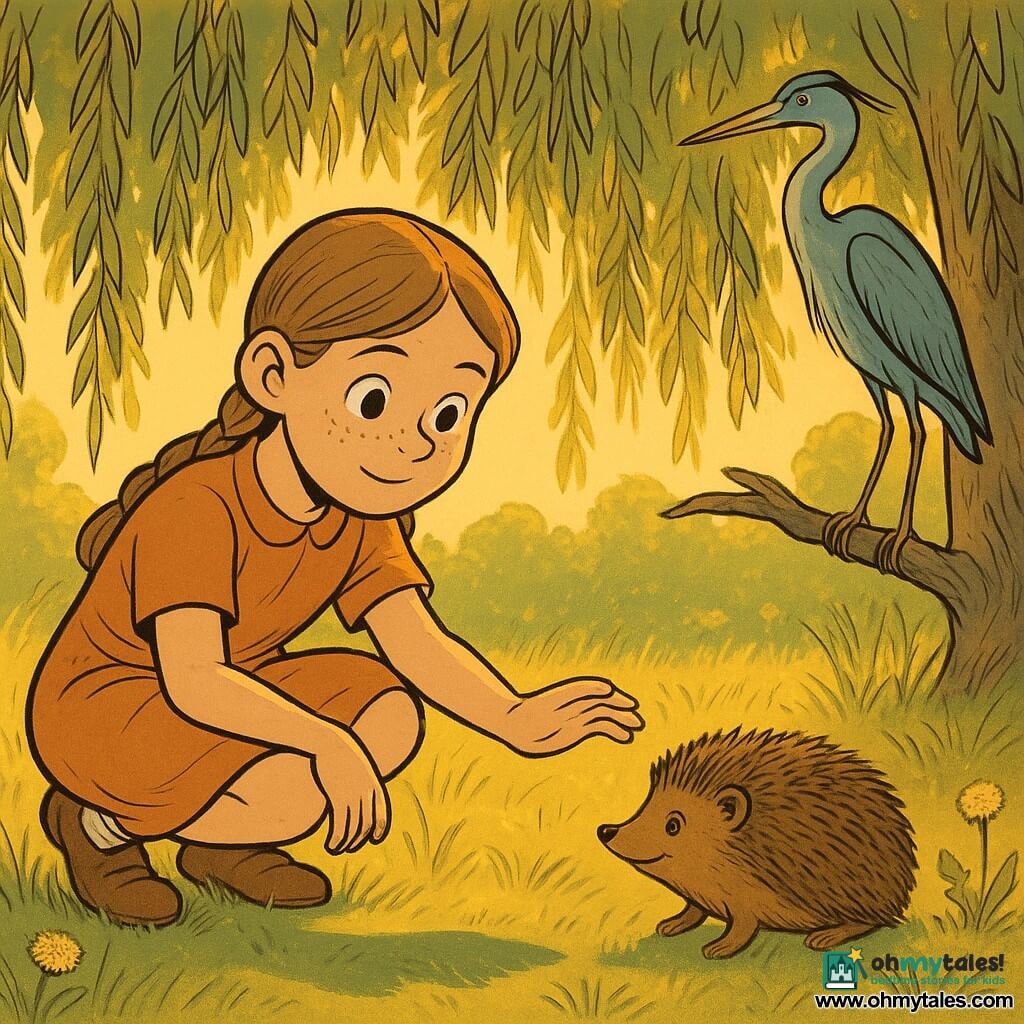 Ten-year-old girl with a round face, freckles, light brown hair in two braids, gentle attentive expression and wide curious eyes, crouching and reaching toward a small hedgehog; the hedgehog has detailed brown spiky fur, bright eyes and a relieved small smile, beside the girl and slightly turned toward its elongated shadow on the grass; a slender grey-blue heron with a long thin beak perches on a low willow branch watching calmly; under a large weeping willow with drooping branches, tall golden grass and blown dandelions, sunset rays filter through the leaves into patches of gold; warm late-afternoon mood with gold, tender green and brown tones, soft contrasts and a slightly magical, peaceful atmosphere; main scene: the girl gently helps the hedgehog find its shadow, light casting a sharp elongated shadow, centered composition and clear emotions of relief and compassion.