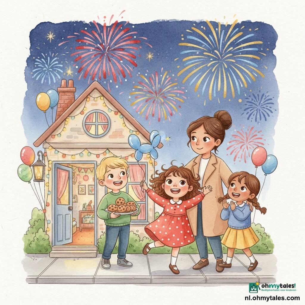 Lotte, 6 jaar, vrolijk en verwonderd, krullend bruin haar, rood jurk met witte stippen, houdt stevig een blauw ballonhond vast; Max, 6 jaar, kort blond haar, groene trui, houdt een bord met grote koekjes en lacht, links van Lotte en iets achterin; Emma, 6 jaar, kastanjebruin haar in twee vlechten, gele rok, klapt en kijkt naar de lucht, rechts van Lotte; de moeder, volwassen vrouw, bruin haar opgestoken, beige jas, omarmt Lotte zacht bij de schouder van achteren, glimlachend en aandachtig; op een stoep voor een knus huis met fonkelende slingers, kleurrijke ballonnen, een hangende lantaarn, warme ramen met gordijnen en een open deur naar een gedecoreerde woonkamer; de kinderen staan buiten bij het aftellen en kijken samen naar een vuurwerk aan de nachtelijke hemel met felle rood, blauw en goud, vonken en lichtstrepen boven de daken, feestelijke warme sfeer; stijl: zachte lijnen, pastelkleuren met levendige accenten, aquareltexturen en lichte gecontroleerde spatjes voor het vuurwerk.
