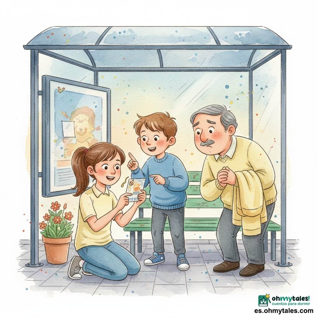 Niña de 10 años, concentrada y orgullosa, pelo castaño en coleta, camisa amarillo pálido y vaqueros, arrodillada quitando con paciencia un distintivo plastificado pegado en la parte trasera de un panel; niño de 9 años (Nico), entusiasta y algo atónito, pelo corto castaño y sudadera azul, de pie detrás señalando la tarjeta; hombre adulto (Don Paco), unos 50 años, rostro redondo y bigote gris, chaqueta de conserje amarillo pálido colgada del brazo, inclinado y con las manos juntas, aliviado y algo avergonzado junto al banco; parada de autobús urbana al crepúsculo con techo de vidrio algo sucio, banco verde gastado, panel publicitario con esquinas levantadas y una pequeña gota de cola brillante, acera adoquinada y maceta; ambiente sereno en colores pastel, toque de acuarela húmeda y salpicaduras ligeras para sugerir movimiento.