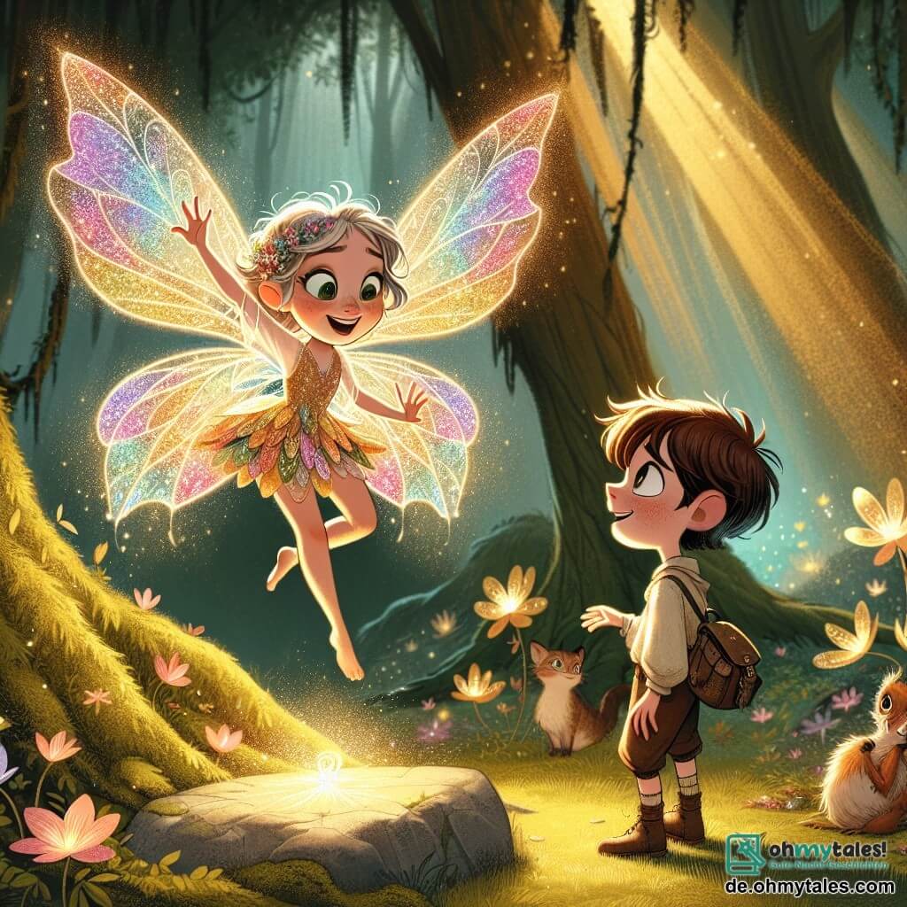 Eine Fee namens Lila mit schimmernden, regenbogenfarbenen Flügeln schwebt fröhlich über einem kleinen goldenen Licht. Ihr Gesicht strahlt vor Aufregung und Freundlichkeit, und sie trägt ein Kleid aus Blütenblättern. Neben ihr steht ein etwa 10-jähriger Junge namens Finn mit unordentlichen, kastanienbraunen Haaren und funkelnden, neugierigen Augen auf einem moosbedeckten Stein. Er schaut Lila bewundernd an und hält einen kleinen Rucksack voller Vorräte. Die Szene spielt in einer verzauberten Lichtung im Herzen eines magischen Waldes, umgeben von großen, knorrigen Bäumen und leuchtenden Blumen, die im Rhythmus einer sanften Brise zu tanzen scheinen. Sonnenstrahlen filtern durch das Laub und erzeugen goldene Muster auf dem Boden. Lila erklärt Finn, dass er zum Beschützer des Waldes auserwählt wurde, während sie von magischen Kreaturen umgeben sind, die aufmerksam zuhören und eine Atmosphäre von Geheimnis und Abenteuer schaffen.