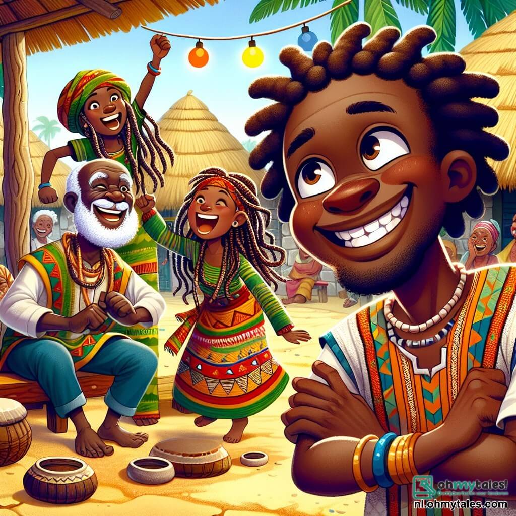 Kofi, een Afrikaanse man van ongeveer dertig jaar, staat in het midden van het podium met een grote glimlach op zijn gezicht. Hij heeft kroeshaar en draagt een kleurrijke handgeweven outfit met traditionele patronen. Zijn ogen stralen van opwinding terwijl hij vrolijk danst, met zijn armen omhoog naar de lucht. Aan zijn rechterkant danst een jonge vrouw van ongeveer 20 jaar, gekleed in een levendige jurk, met lange gevlochten haren en een lach die bijdraagt aan de feestelijke sfeer. Aan zijn linkerkant kijkt een oudere man van ongeveer 60 jaar, met een witte baard en diepe rimpels, vriendelijk toe met gekruiste armen en een wijze glimlach. De scène speelt zich af in een pittoresk Afrikaans dorp, omringd door groene palmbomen en lemen huizen met rieten daken. De grond is bedekt met gouden zand en kleurrijke lantaarns hangen aan de bomen, wat een warme en gastvrije sfeer creëert. Kofi en de dorpsbewoners vieren samen, dansend rond een groot kampvuur, terwijl de muziek in de lucht weerklinkt. Gelach en gezang stijgen op onder een sterrenhemel, wat de eenheid en vreugde van de gemeenschap symboliseert.
