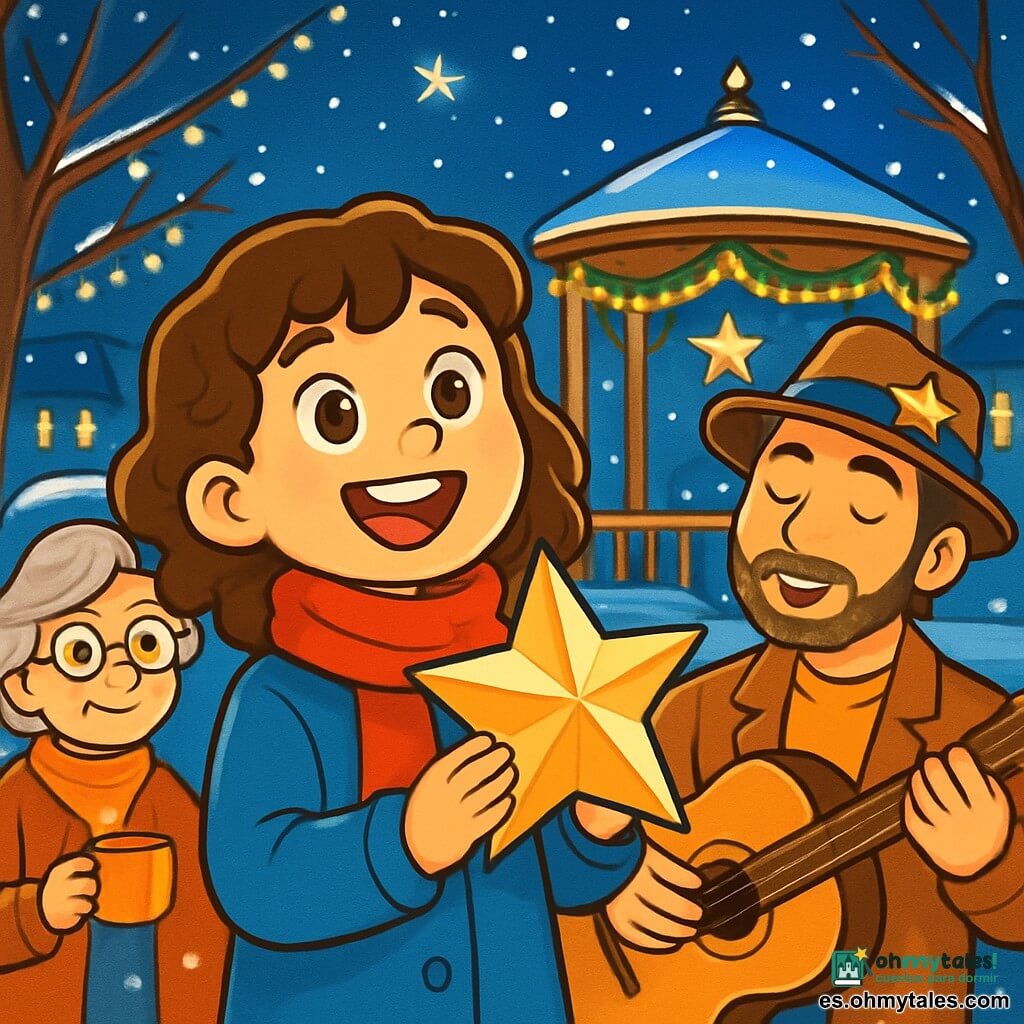 Una niña de 10 años, Clara, con cabello castaño rizado y ojos llenos de curiosidad, se encuentra en el centro de la escena, sonriendo radiante. Lleva una bufanda roja brillante que contrasta con su chaqueta de lana azul y sostiene una estrella brillante de metal en sus manos, mirando al cielo con asombro. A su lado, un hombre de unos 30 años, el cantante, con una barba ligera y un sombrero adornado con una estrella, toca la guitarra, sus ojos brillando de pasión. Más lejos, una anciana, la abuela de Clara, con cabello plateado y gafas redondas, observa con orgullo, sosteniendo una taza de té humeante. La escena tiene lugar en una encantadora plaza de pueblo, iluminada por guirnaldas brillantes colgadas de los árboles, con una rotonda en el centro decorada para Navidad. La nieve cubre el suelo, creando una suave y blanca alfombra, mientras copos caen suavemente del cielo estrellado. Clara, llena de energía y alegría, se prepara para colocar la estrella en la cima de la rotonda, rodeada de vecinos sonrientes que la animan, creando una atmósfera festiva y cálida.