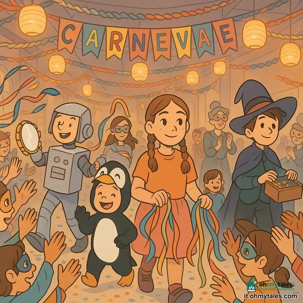 Viola, 12 anni, viso rotondo, trecce castane, sguardo sereno e deciso, occhi vivaci, tiene nastri colorati e cammina lungo una passerella formata da una schiera d'onore; Leo, circa 8 anni, il "pinguino", piccolo con costume bianco e nero e becco di gommapiuma, timido poi gioioso, dà il cinque ai bambini al centro del corridoio; Martina, adolescente di circa 16 anni, robot fatto di cartone argentato, capelli corti, apre la sfilata con passi comici e un tamburello luccicante davanti a Viola; Samir, circa 10 anni, il mago, cappello troppo grande, tiene una scatola di stelle di carta dorata vicino al podio pronto a distribuirle; la signora Ada, circa 45 anni, capelli grigi raccolti, con una maschera di civetta in testa, sorride e applaude dal fondo del palco; scena: grande sala di carnevale interna con ghirlande di carta, striscioni "CARNEVALE", pavimento coperto di coriandoli colorati e lanterne che diffondono luce calda; situazione principale: schiera d'onore animata che agita nastri e applaude mentre bambini in costume attraversano il corridoio sotto una pioggia di coriandoli in un'atmosfera gioiosa e colorata.
