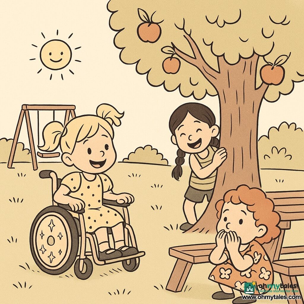 There are three girls, all 4 years old: Lily, blond pigtails in a sparkly wheelchair rolling forward at the left, smiling with hands on the joysticks; Daisy, brown hair in a braid, hiding behind a large apple tree to the right of Lily with only her head and hands visible, laughing; Rosie, curly red hair, crouched under a wooden picnic table at the front right, looking toward Lily and about to sneeze; they play hide-and-seek in a sunny backyard with a grassy lawn, an apple tree, a wooden swing in the background, a picnic table with a small plate of cookies, and a clear sky with a small smiling sun.