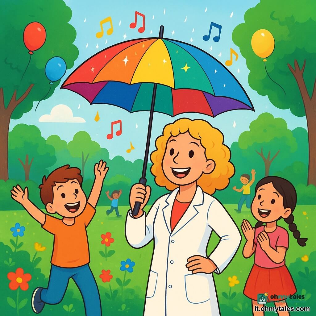 Livia, una donna dai capelli ricci e biondi, indossa un camice da laboratorio brillante e ha un sorriso radioso sul volto, piena di eccitazione e orgoglio. Si trova al centro della scena, sollevando il suo ombrello musicale colorato, che brilla sotto il sole. Accanto a lei, un ragazzo di circa 8 anni, con capelli castani e occhi scintillanti, balla felicemente con le braccia alzate, rapito dalla musica che proviene dall'ombrello. Più in là, una bambina di 7 anni con capelli neri intrecciati applaude entusiasta, le guance rosa di felicità, circondata da altri bambini che si divertono. La scena si svolge in un parco verdeggiante, pieno di fiori multicolori e grandi alberi. Palloncini fluttuano nell'aria e risate di bambini risuonano intorno a loro. Livia presenta con orgoglio la sua invenzione, l'ombrello che canta, mentre i bambini ballano e si divertono sotto una leggera pioggia, trasformando la giornata in una festa gioiosa e magica.