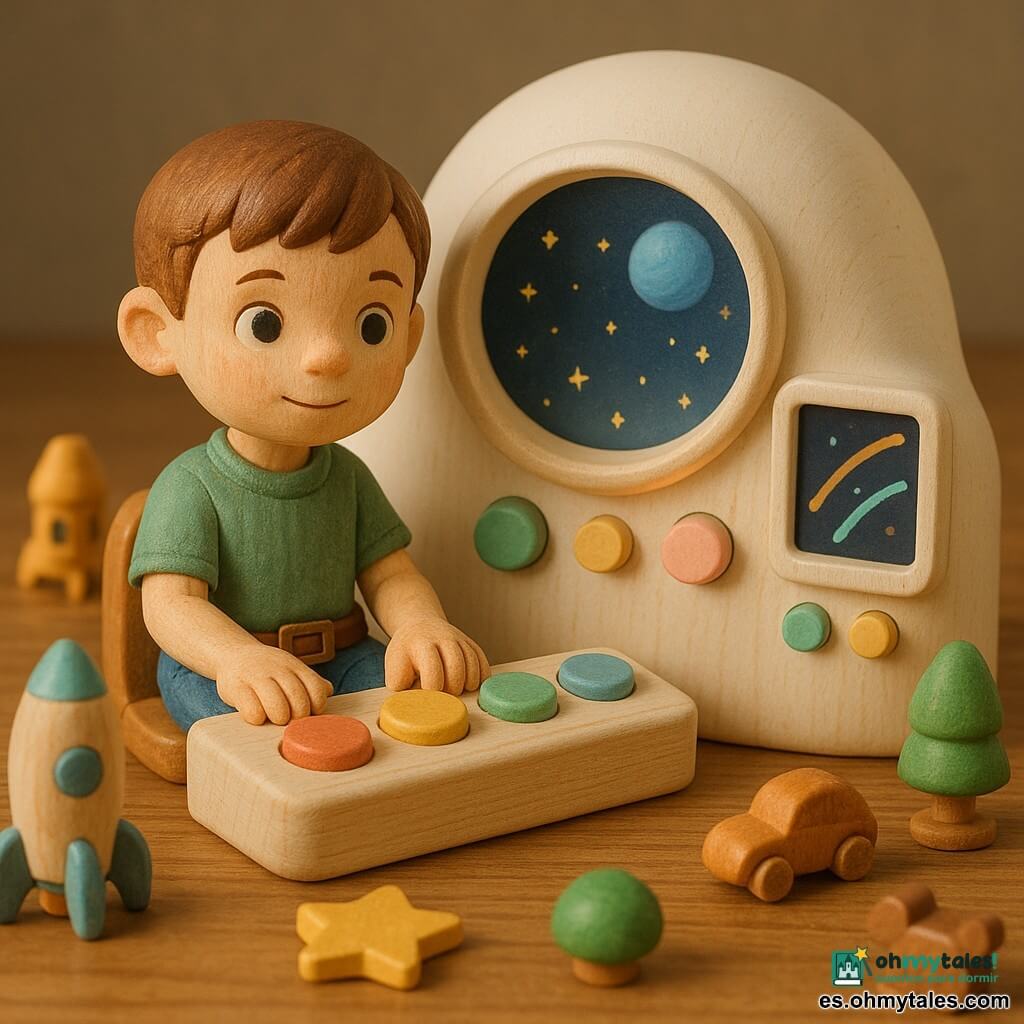 Leo, niño de unos 7 años, pelo castaño corto, ojos curiosos y leve sonrisa, sentado con el cinturón abrochado y las manos sobre un tablero de botones de colores; la nave "Nube" es una pequeña cabina blanca y redondeada, con luces pastel verdes y rosas y una gran ventana luminosa que parece un rostro, emitiendo un resplandor suave detrás de Leo; el interior es minimalista, paredes blancas mate, botones redondos multicolor y pantallas mostrando tres trayectorias en colores vivos; por la ventana se ven pequeñas estrellas y un gran planeta azul; la escena muestra a Leo eligiendo una de las tres rutas en una pantalla holográfica colorida, con ambiente tranquilo y texturas de madera y miniaturas que recuerdan un diorama infantil.