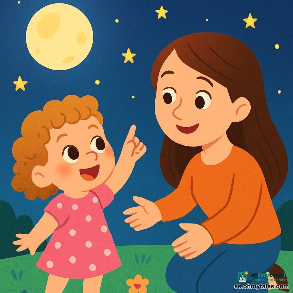 Una niña de 2 años, con grandes ojos brillantes y cabello rizado, sonríe alegremente levantando su dedo hacia la luna brillante en el cielo nocturno. Lleva un bonito vestido rosa con lunares blancos y sus mejillas están sonrojadas de asombro. A su lado, su madre, una mujer de unos 30 años, tiene el cabello largo y liso, y mira tiernamente a su hija, con los brazos abiertos, lista para abrazarla. Están en un jardín tranquilo, donde la hierba es verde y suave, salpicada de pequeñas flores coloridas que brillan bajo la luz de las estrellas. La luna, redonda y luminosa, ilumina la escena con un suave resplandor plateado, creando una atmósfera mágica. La niña, fascinada por la belleza de la noche, extiende su dedo hacia la luna, como si quisiera tocarla, mientras su madre la anima con una sonrisa cálida, creando un momento de ternura y descubrimiento bajo el cielo estrellado.