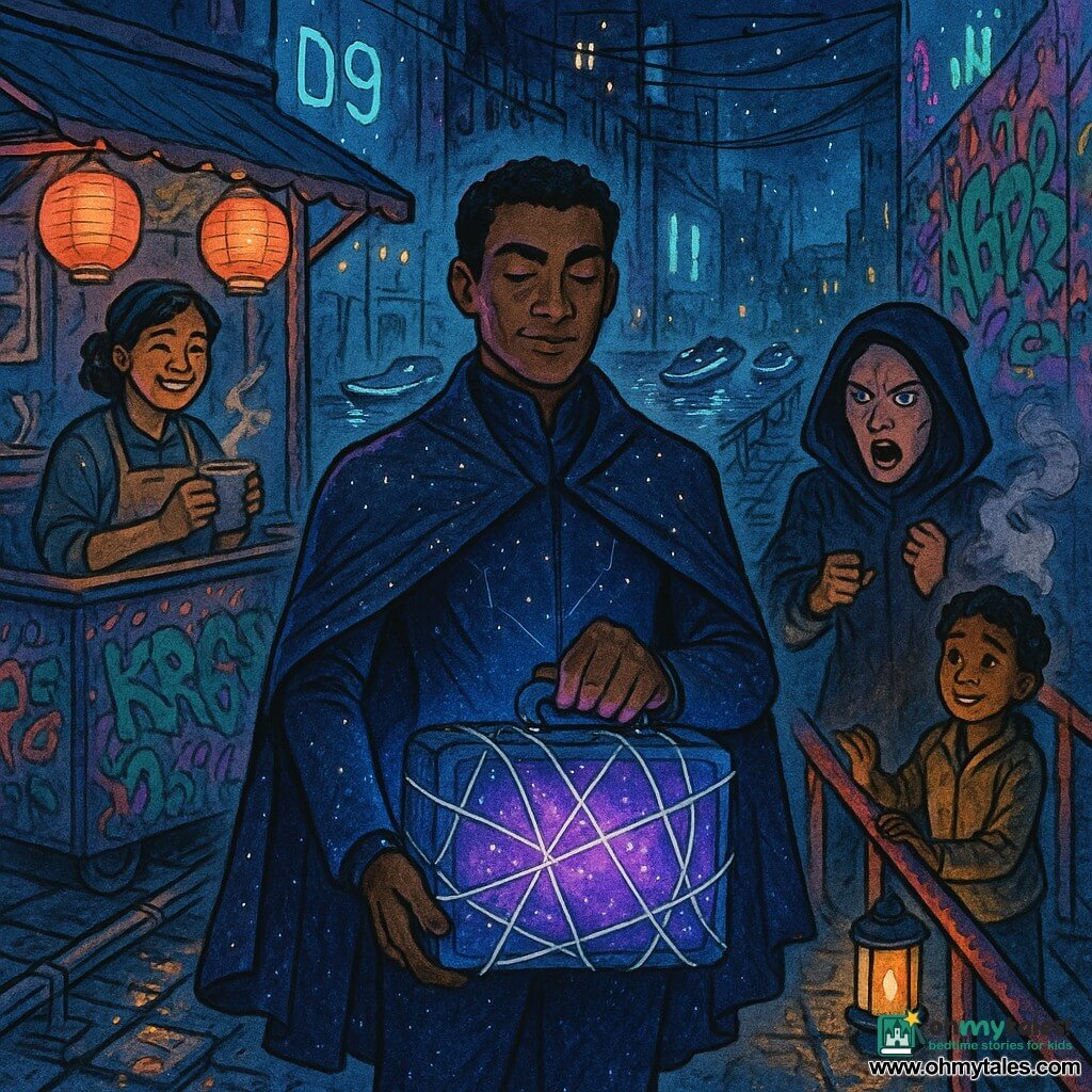 Orion Quill, concentrated and kind-faced, brown-skinned with short curly black hair and a thin scar on his left brow, holds a gleaming briefcase wrapped in a cocoon of silver luminous threads; he wears a midnight-blue suit with starry lines and a short comet-fiber cape, trapping a violet light while nearby boats switch to safety. Vanta Wisp (about 28), pale-faced under a dark hood, stands a few paces away on the wet stone quay, furious and surprised with clenched hands as if she’d just dropped a smoking disc; behind Orion to the right an relieved boy (about 11) guides his mother's hand to a red railing, lit by a stall lantern, and to the left a noodle vendor (about 45) smiles holding a steaming cup of chocolate by a colorful cart with paper lanterns overhead. The scene is Dock District Nine at night: narrow canal with sleek autonomous boats, silver loading rails, flashing holographic signs and graffiti-covered container walls; strong contrasts of midnight blue, electric violet and silver highlights, sharp reflections on water, neon splashes on wet stone, precise ink lines and soft watercolor shadows.