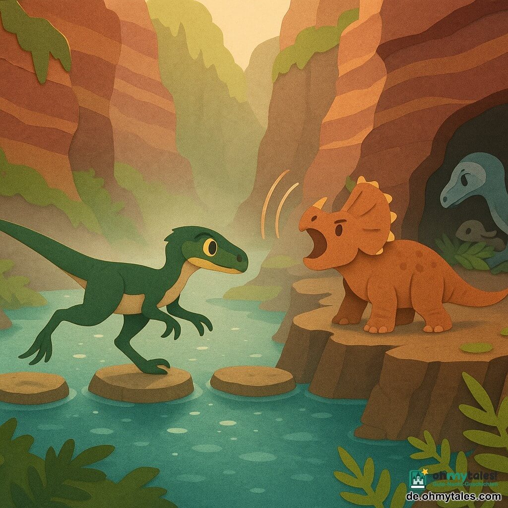 Ein junger, gefiederter Velociraptor namens Ravo, tiefgrün mit cremefarbenem Bauch und feinen braunen Streifen, konzentriert und mutig, sprintet mit gestreckten Beinen und steifer Schwanz über flache Trittsteine eines glitzernden Flusses; ein juveniler Triceratops namens Toma, kompakt mit gebrannter-Ton-Haut und drei kleinen Hörnern, steht an einer Felsspalte und brüllt (Schallwellen sichtbar); die Anführerin Sira, ältere Velociraptorin mit silbernem Streifen über dem Auge, kauert am schattigen Eingang der Schlucht und wickelt ein verletztes Küken in Blätter; Schauplatz: kleine, rot gestreifte Schlucht mit kantigen Felsen, grüner Moosbewuchs, warmes Spätnachmittagslicht, leichter Nebel und papercut-Farn; Hauptszene dynamisch: Ravo in der Mitte, ein großer dunkler Pterosaurier stürzt mit ausgebreiteten Flügeln herab, klare Komposition, scharfe Silhouetten, kontrastreiche Farben und papierartige Konturen.