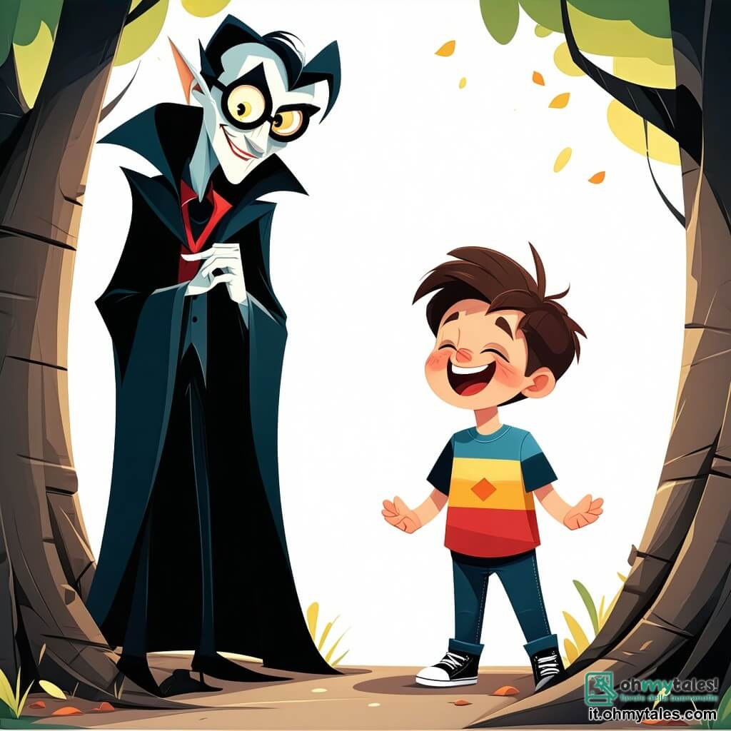 Un vampiro goffo, di nome Vlad, si trova al centro della scena, con grandi occhi rotondi dietro occhiali spessi. Il suo mantello nero, troppo lungo, si impiglia in una radice d'albero, e ha un sorriso malizioso sul viso, pronto a raccontare una barzelletta. Accanto a lui, un ragazzo di 10 anni di nome Nino, con i capelli castani in disordine e una maglietta colorata, ride a crepapelle, con le braccia alzate in segno di gioia. Si trovano entrambi in una foresta incantata, dove gli alberi sono alti e coperti di foglie dai colori vivaci, e le lucciole danzano intorno a loro, illuminando l'atmosfera magica. La scena principale mostra Vlad che racconta una barzelletta esilarante a Nino, che scoppia a ridere, mentre un gigante troll, sullo sfondo, si trova su un ponte, ridendo di cuore, pronto a farli passare.