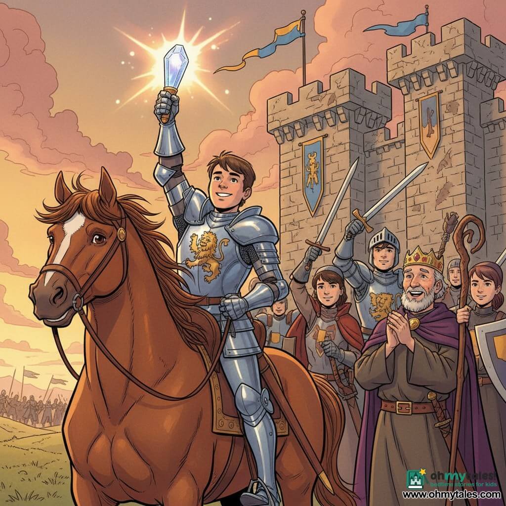Sir Cedric, a smiling square-faced young knight in shining silver armor with a golden lion crest, holds the glowing Crystal of Valor aloft, proud and relieved; his bay horse Valor stands left, muscular with mane blowing, Cedric’s foot still in the stirrup. King Aldric, an older man with a short gray beard and purple cloak, stands slightly right, applauding emotionally, and Alaric the sage, in a brown robe with a knotted staff, stands kindly beside him. Three to four young companion knights form a semicircle behind Cedric, raising swords and shields in unity, determined and smiling. In the background, Greystone’s stone wall with detailed battlements and gold-and-blue banners shows traces of battle; the enemy retreats across the plains with fallen banners under a golden dawn sky with pink clouds. Warm left-side light reflects on armor and casts a colorful glow around the crystal; clear, high-contrast palette, crisp lines, expressive faces, heroic optimistic Franco-Belgian style for children.