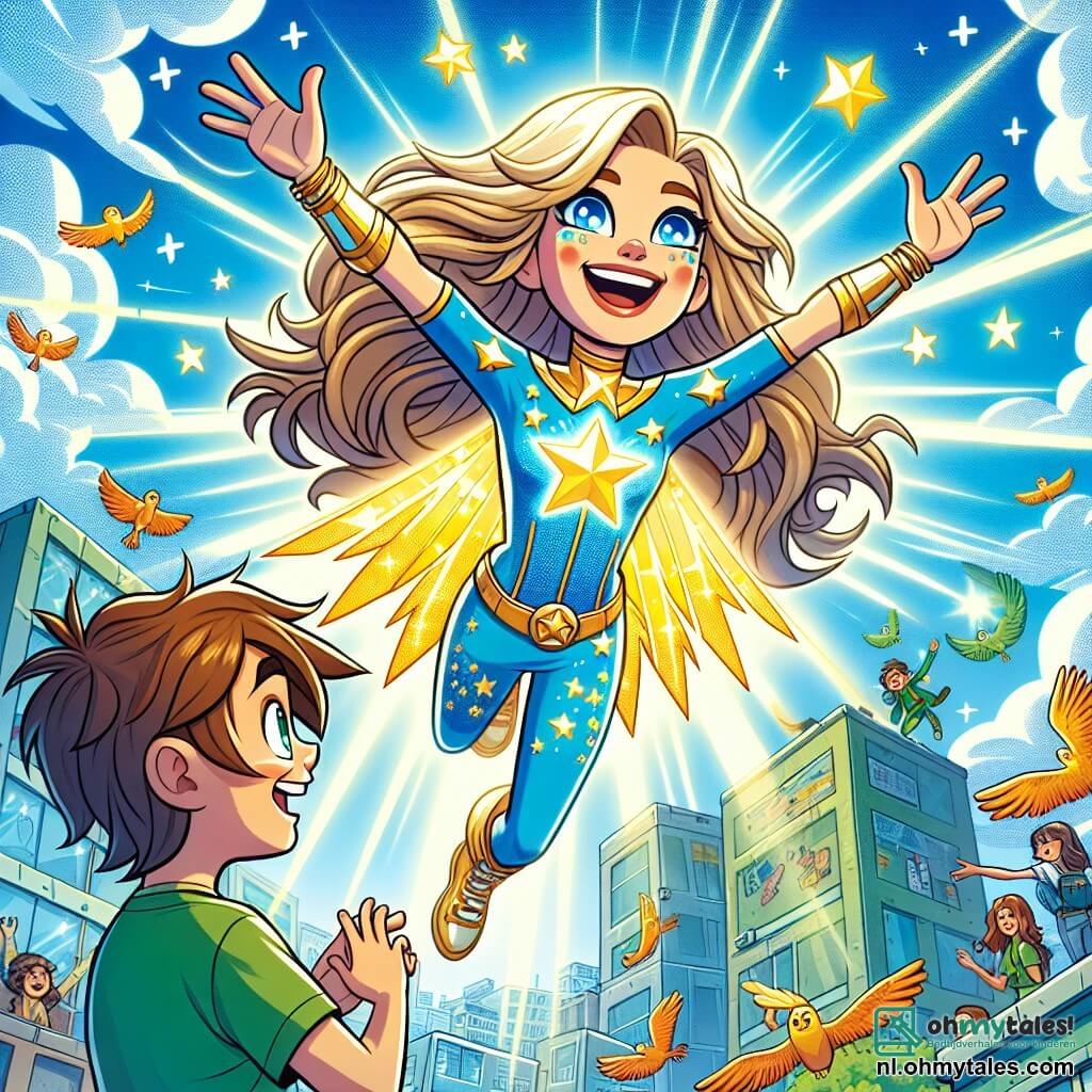 In het midden van de afbeelding zweeft Glanzende Ster, een jonge superheldin, met een grote stralende glimlach. Ze heeft lange golvende haren die glanzen als sterren, sprankelende ogen van vreugde en draagt een heldere blauwe outfit versierd met gouden sterrenpatronen. Ze spreidt haar armen, omringd door een stralende aura, klaar om de stad te redden. Naast haar staat Felix, een 10-jarig jongetje, omringd door kleurrijke vogels. Hij heeft rommelige bruine haren en draagt een groene t-shirt met een spijkerbroek. Hij kijkt bewonderend naar Glanzende Ster en gebaart om de vogels naar de stadsbewoners te leiden. De achtergrond toont een moderne stad met hoge, kleurrijke gebouwen onder een blauwe lucht met witte wolken. Op de achtergrond zijn mensen te zien die zich onder luifels schuilhouden, terwijl zonnestralen door de wolken breken en de scène verlichten. De hoofdactie laat Glanzende Ster zien die haar krachten gebruikt om een dreigende storm te kalmeren, terwijl Felix de dieren leidt om de bewoners in veiligheid te brengen. De afbeelding vangt de energie en de teamgeest van de twee helden, klaar om samen het gevaar te trotseren.
