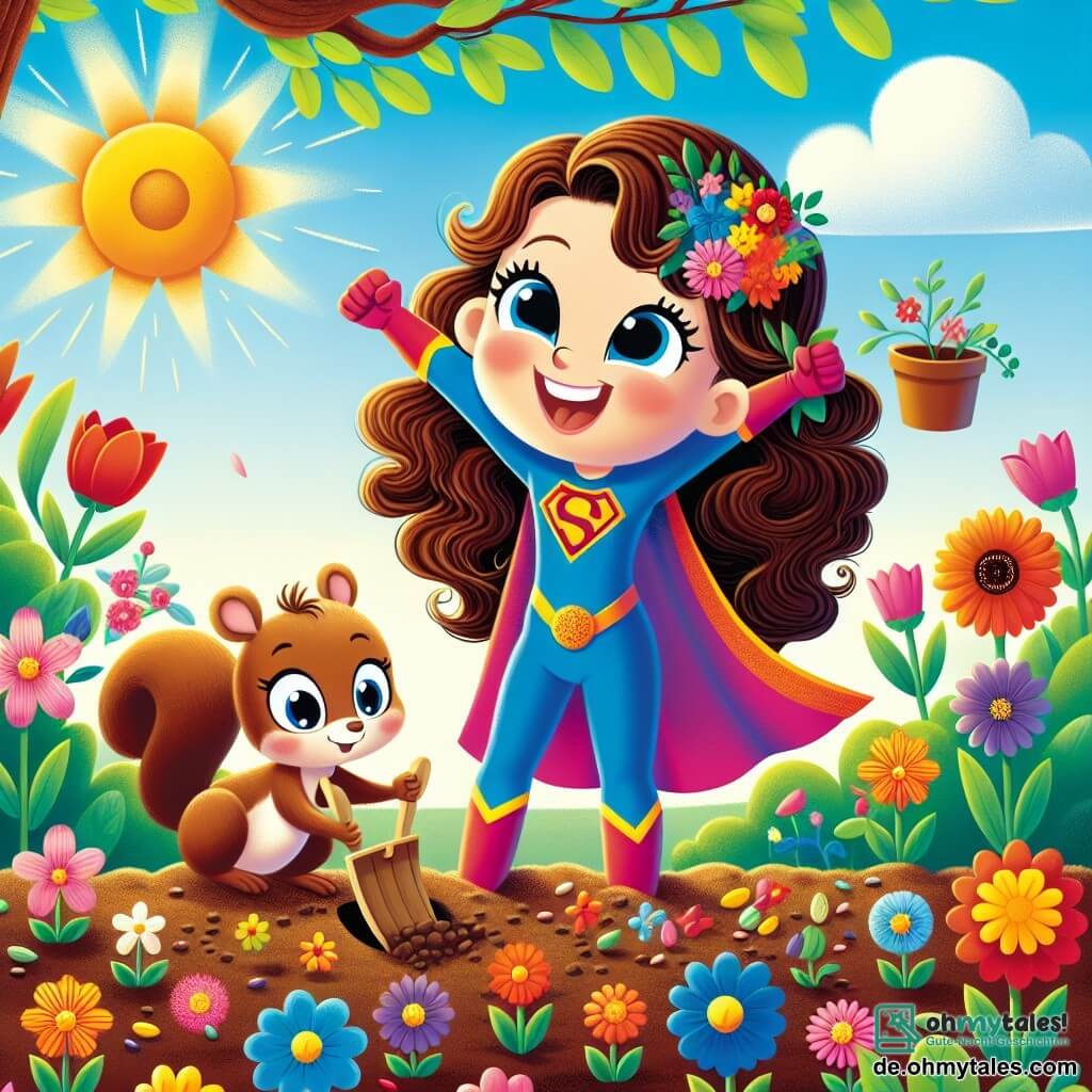 Superli, eine fröhliche Superheldin, ist eine Frau mit langen lockigen Haaren und einem bunten Kostüm mit Blumenmustern. Sie lächelt breit mit offenen Armen, umgeben von Blumen, die um sie herum zu wachsen beginnen. An ihrer Seite ist Momo, ein schelmisches kleines Eichhörnchen mit braunem Fell und funkelnden Augen. Er sitzt auf Superlis Schulter, hält eine kleine Holzschaufel und schaut begeistert auf die Blumen, die aus dem Boden sprießen. Die Szenerie ist ein lebendiger, sonniger Garten, gefüllt mit frischer Erde und gepflanzten Samen, mit grünen Bäumen im Hintergrund und einem blauen Himmel, der mit fluffigen weißen Wolken durchzogen ist. Die Hauptsituation zeigt Superli und Momo, die zusammen Samen pflanzen, mit Lachen und Freude, während bunte Blumen um sie herum zu blühen beginnen und Freundschaft sowie die Magie der Natur symbolisieren.