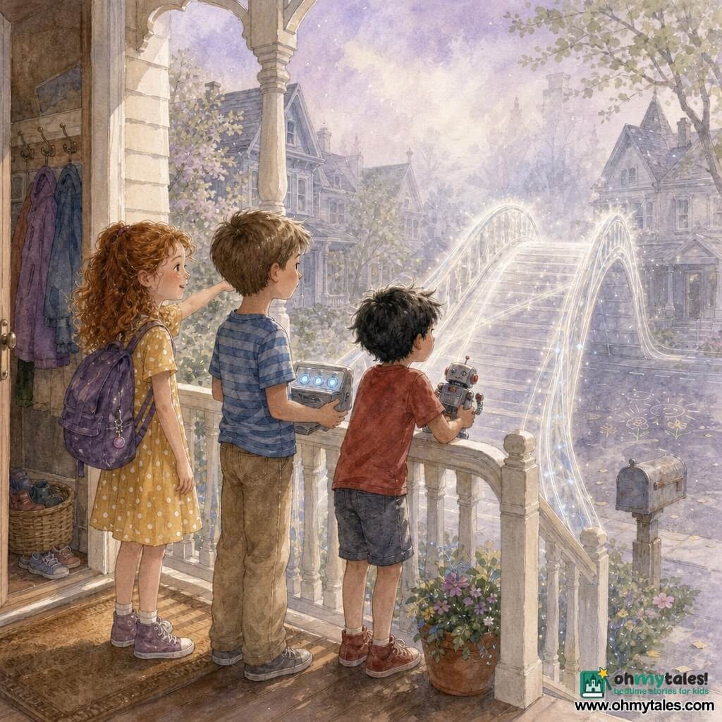 Three children: Milo, a 7-year-old boy with short light brown hair, soft features, striped blue t-shirt and khaki pants, holding a small square metal box with a transparent lid and three dials under one arm, standing center slightly forward looking at the walkway; Zara, a 7-year-old girl with auburn curly hair in a half-ponytail, purple backpack and yellow polka-dot dress, left of Milo pointing at the walkway with a curious smile; Ben, a 7-year-old boy with messy black hair, red t-shirt and shorts, right of Milo leaning eagerly on the railing holding a small toy robot. They stand on the threshold of a cream-painted wooden porch in a quiet neighborhood—welcome mat, shoe basket and coat hooks visible—facing a shiny silver arched walkway rising from the sidewalk into pearly fog against Victorian houses and spring trees under soft late-morning lavender sky. The metal box glows with a soft blue light, the walkway pulses with lines of light, and the fog reveals faint silhouettes of an almost identical neighborhood with subtle differences (chalk drawing, slightly dented mailbox), creating a mood of wonder and cautious concentration.