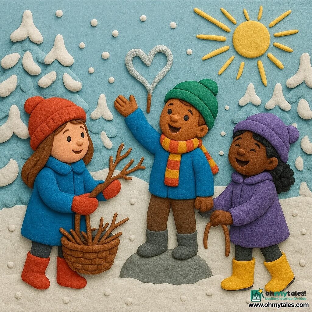 There are 3 characters: Mia, a 7-year-old girl, wears bright red mittens and a blue coat. She stands on the left, holding a basket filled with branches. Tom, an 8-year-old boy, wears a green woolen hat and a striped scarf. He is in the center, standing on a small rock, reaching for a heart-shaped branch. Sara, a 7-year-old girl, wears squeaky yellow boots and a purple coat. She is on the right, holding the basket to stabilize it. The setting is a snowy, gentle, and welcoming forest. The trees are covered with white, sparkling snow. The ground is sprinkled with snowflakes like diamonds. The sky is light blue with golden sun rays streaming through the branches. The main situation shows the three friends working together to catch a heart-shaped branch covered in silver frost. The children laugh and help each other, creating a scene full of joy and cooperation under a bright winter sky.