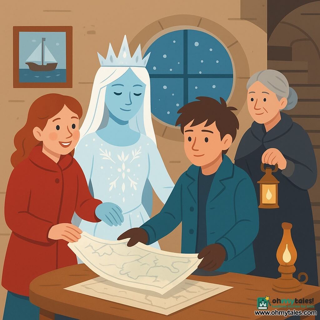 The Snow Queen (main character from Hans Christian Andersen) appears serene and benevolent, a calm face with faint bluish highlights, wearing a long white and silver gown with crystalline patterns and gently holding a large unfolded map; Gerda, about 12, with rosy cheeks, a warm red coat and leather boots, stands left of the queen, smiling and encouraging with one hand on Kai’s shoulder; Kai, about 13, with tousled hair, a slightly worn blue coat and thin gloves, offers the map hesitantly yet with relief, gaze lowered but peaceful, positioned right of the queen; the lighthouse keeper, an older woman with gray hair in a bun, holds a small golden lantern and stands in the background by a round window showing sea and a cloudy sky; the setting is the top of a stone lighthouse with cream curved walls, large round windows with thick glass, a spiral staircase in the background, a light wooden table holding the map, oil lamps and nautical charts on the wall; the scene centers on the map exchange, warm lantern light contrasting with cool blue and silver tones, snowflakes visible through the window, and clear expressions of relief, forgiveness and warmth, the characters close together to suggest solidarity.