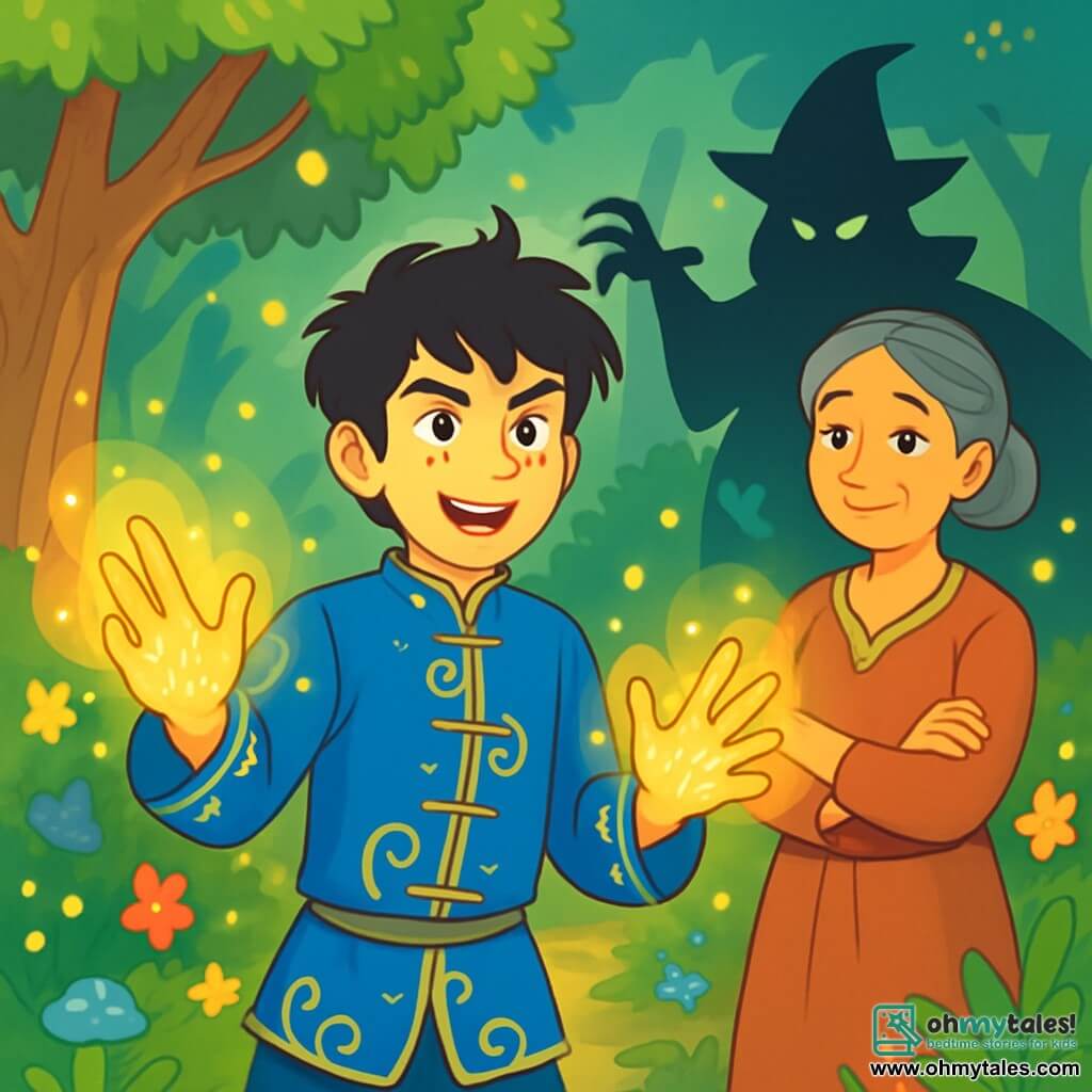 A young man named Wei, around 16 years old, stands bravely at the center of the image. He has messy black hair, bright excited eyes, and a determined expression. He wears a traditional blue silk tunic adorned with golden patterns, and his hands are raised, surrounded by a shimmering magical glow. Beside him, a wise old woman, his mother, about 40 years old with graying hair and a wise face, watches him with pride and concern, her arms crossed over her chest. The setting is an enchanted clearing in the Whispering Woods, with majestic trees and vibrant green leaves. Bright flowers and fireflies dance around them, adding a magical touch to the atmosphere. The main situation shows Wei preparing to confront an evil sorcerer, emanating a radiant energy, while the sorcerer's threatening shadow looms in the background, creating a striking contrast between light and darkness.