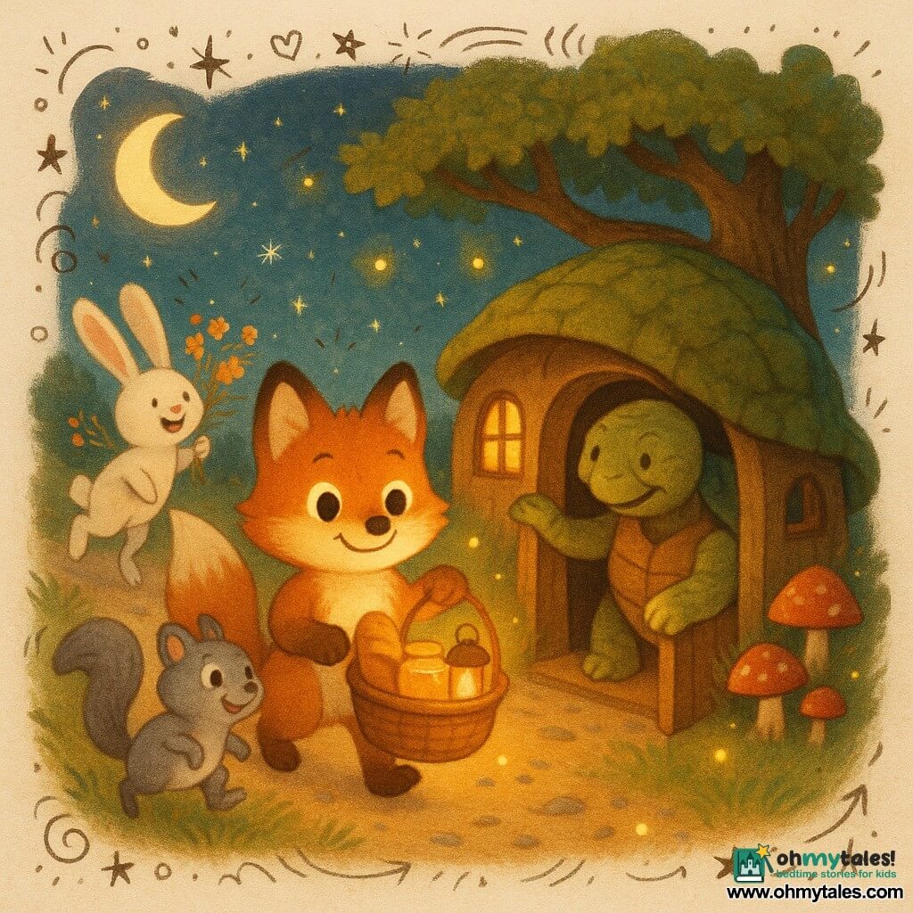 Zaki, a small orange fox cub with bright round eyes and fluffy fur, smiling proudly while holding a wicker basket with bread, honey and a lit lantern; a curious, joyful grey squirrel walks beside him looking at the basket; an enthusiastic white rabbit with long ears holds a bouquet of wildflowers and follows; Grandfather Turtle, a large mossy-shelled turtle with a wrinkled kind face, opens the round door of his shell house beneath a big oak by a path, surrounded by colorful mushrooms and floating fireflies; a crescent moon and twilight sky with faint stars; warm lantern light bathes the scene—friends arriving to bring the iftar meal; centered composition on the glowing basket and happy faces, warm color palette (orange, yellow, soft green), soft textures, simple rounded shapes in a children's illustrative style.