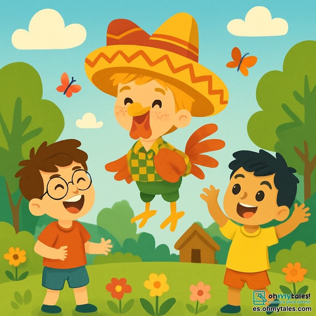 Hay 3 personajes: - Tomás: un niño de 7 años, con cabello castaño despeinado y gafas redondas. Lleva una camiseta roja y un pantalón corto azul. Está a la izquierda, riendo a carcajadas. - Leo: un niño de 6 años, con cabello rubio y pecas. Viste una camisa a cuadros y un pantalón verde. Se encuentra en el centro, llevando un gran sombrero mágico que lo transforma en gallo. - Max: un niño de 7 años, con cabello negro y ojos brillantes. Lleva una camiseta amarilla y un pantalón corto naranja. Está a la derecha, levantando los brazos, listo para lanzar a Leo al aire. El lugar es un jardín soleado, lleno de flores coloridas y árboles verdes. Al fondo, hay una pequeña cabaña de madera y un cielo azul con nubes blancas esponjosas. La situación principal muestra a Leo, el gallo, que vuela ligeramente sobre el suelo, mientras Tomás y Max ríen y lo animan. Mariposas coloridas vuelan a su alrededor, añadiendo un toque de magia a esta escena alegre.