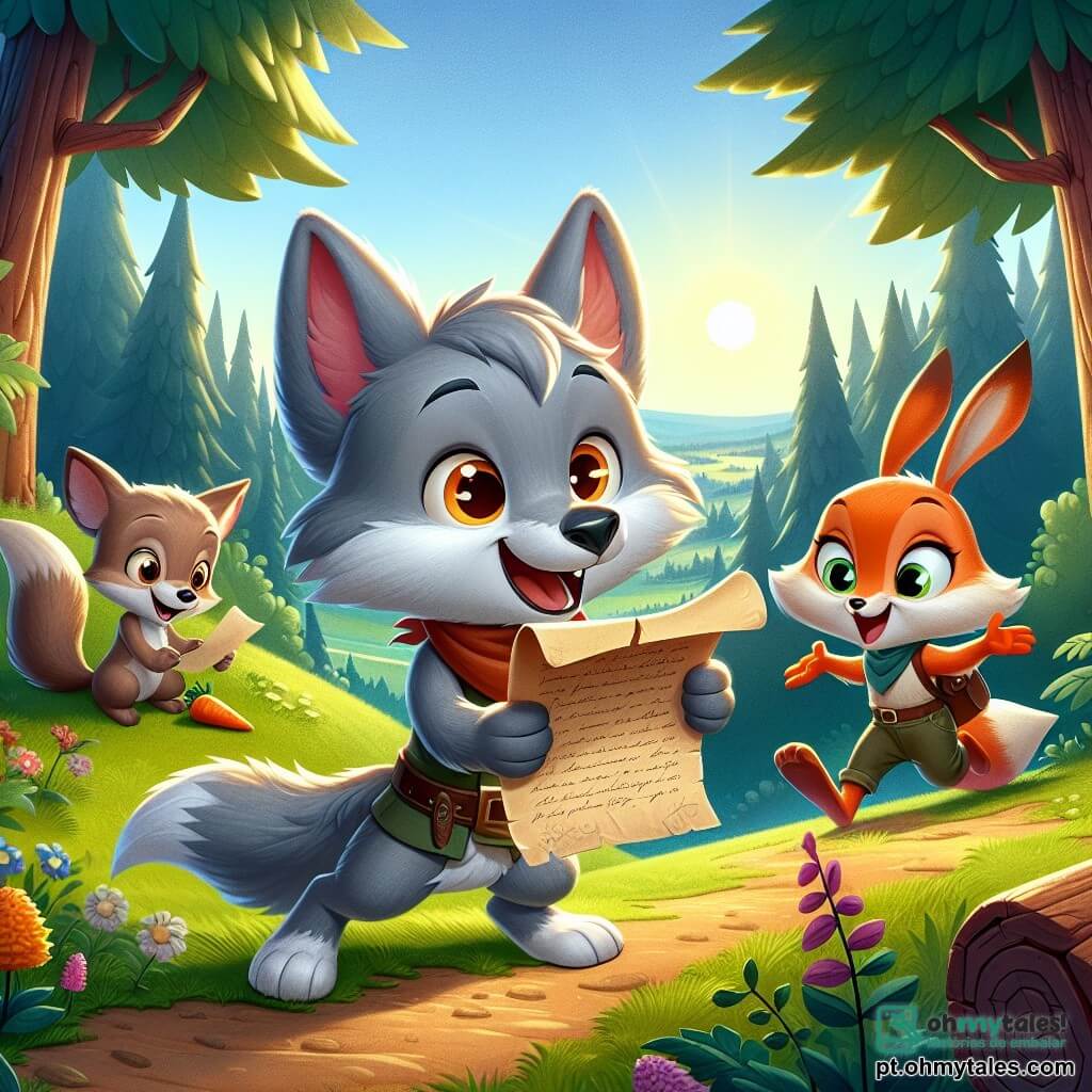 O personagem principal é um pequeno lobo chamado Léo, com pelagem cinza e olhos brilhantes de curiosidade. Ele está em pé sobre as patas traseiras, segurando um velho pergaminho nas patas dianteiras, com uma expressão de excitação e determinação. Ao seu lado está Rita, uma raposa astuta de pelagem laranja viva, que olha para o pergaminho com um sorriso travesso, seus olhos brilhando de inteligência. Um pouco mais adiante, Beto, um coelho de orelhas grandes e pelagem branca, salta alegremente, segurando uma cenoura nas patas, com um ar divertido no rosto. A cena se passa no topo de uma colina verdejante, iluminada pela luz dourada do sol da manhã, cercada por árvores majestosas e flores coloridas que dançam ao vento. Ao longe, vê-se uma floresta densa, misteriosa e acolhedora. A situação principal mostra Léo e seus amigos descobrindo um antigo pergaminho que os leva a uma aventura emocionante, enquanto se preparam para resolver um mistério cativante juntos.